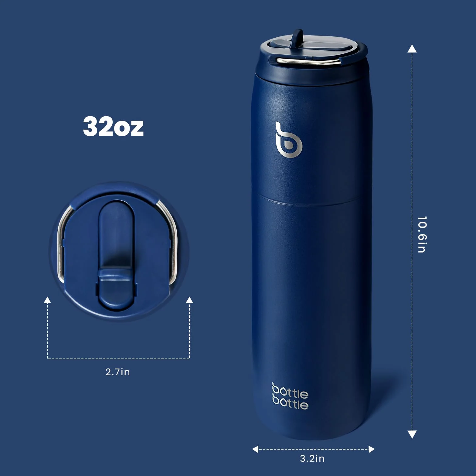 Bottle Bottle Izolowana butelka na wodę 950ml (32oz) ze słomką i pokrywką do uprawiania sportu i siłowni, metalowa butelka na napoje ze stali nierdzewnej do gorącej wody z uchwytem (Indigo Blue)