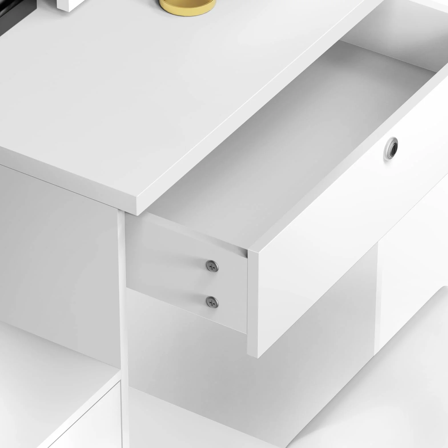 Toaletka z oświetleniem LED, z regulowaną jasnością, przesuwna, z lustrem i stołkiem, z 4 szufladami, 7 półkami, komoda, biurko do makijażu, biała