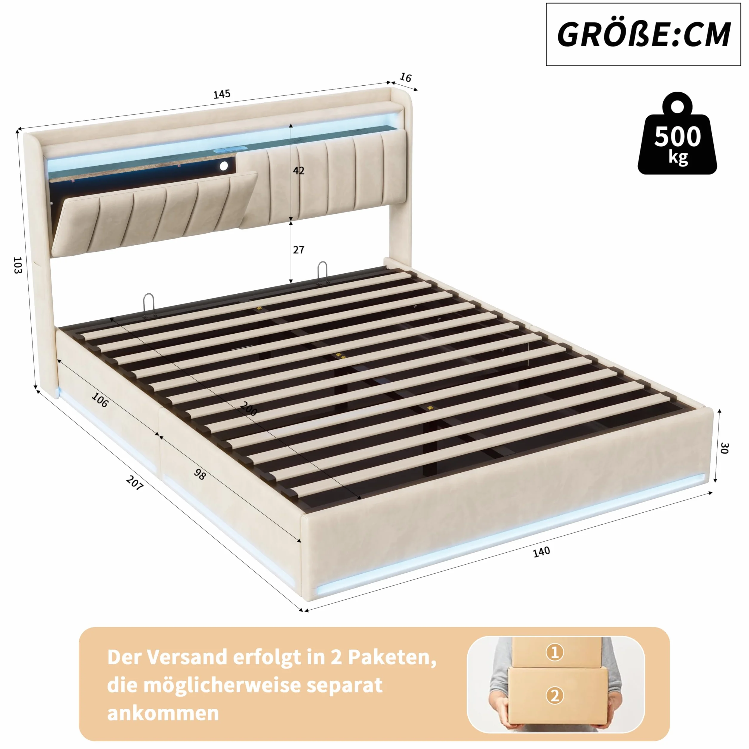 Łóżko tapicerowane z miejscem do przechowywania, 140 x 200 cm, podwójne łóżko z oświetleniem USB i LED, hydrauliczne łóżko do przechowywania, rama łóżka ze stelażem i skrzynią na pościel
