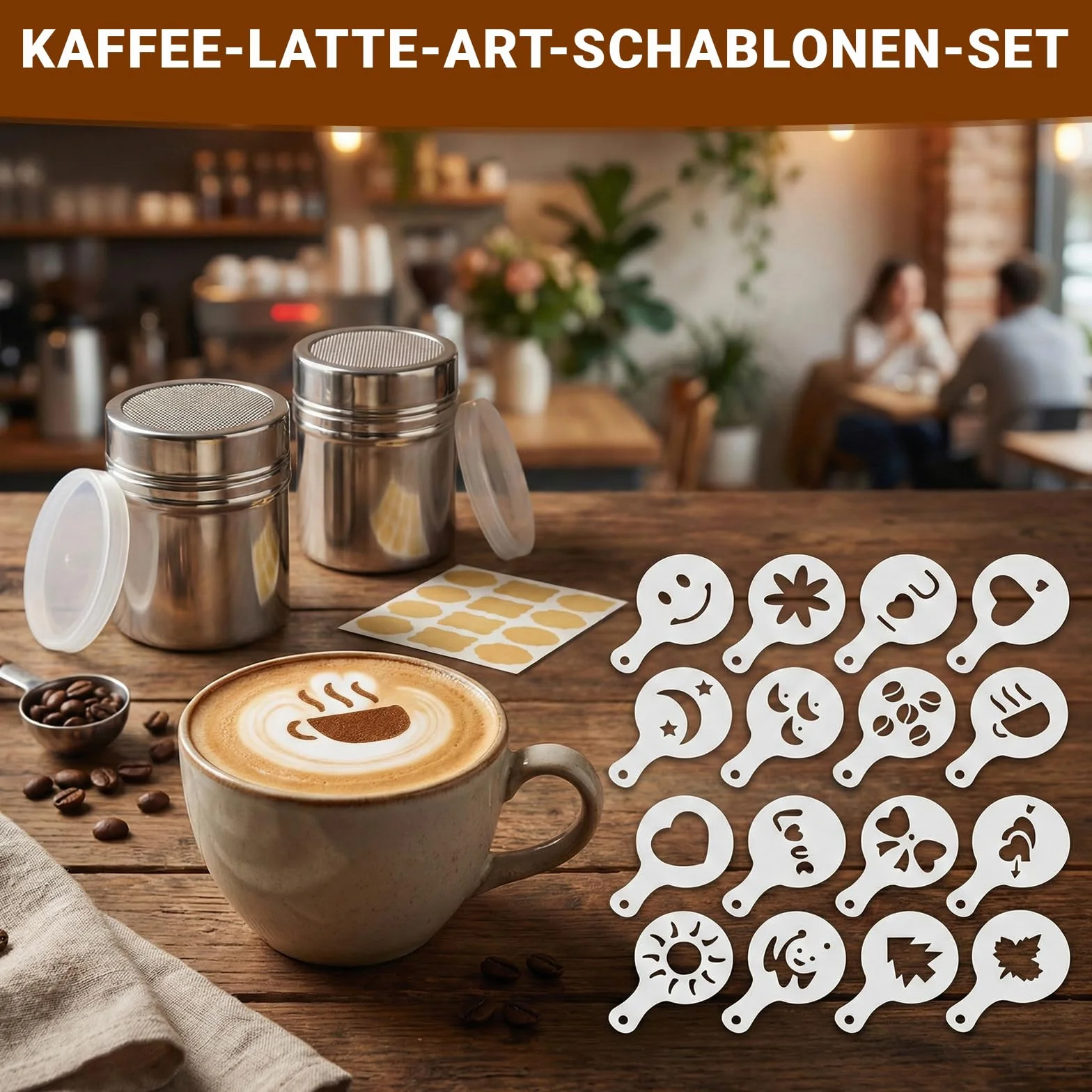 2 sztuki cukierniczek do kakao, ze stali nierdzewnej, z pokrywką utrzymującą świeżość i 16 części, szablony do cappuccino, 10 naklejek Crayful, solniczka do kakao, sitko do cappuccino
