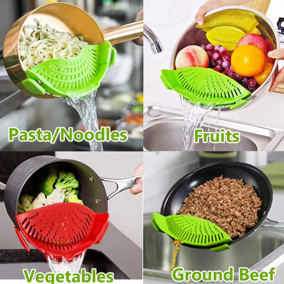 Zatrzaskowe sitko, 2 szt. silikonowe sitka do żywności, odporne na wysokie temperatury, klips na sitko, durszlak, gadżety kuchenne, ociekacz do makaronu, spaghetti, mielonej wołowiny, uniwersalne