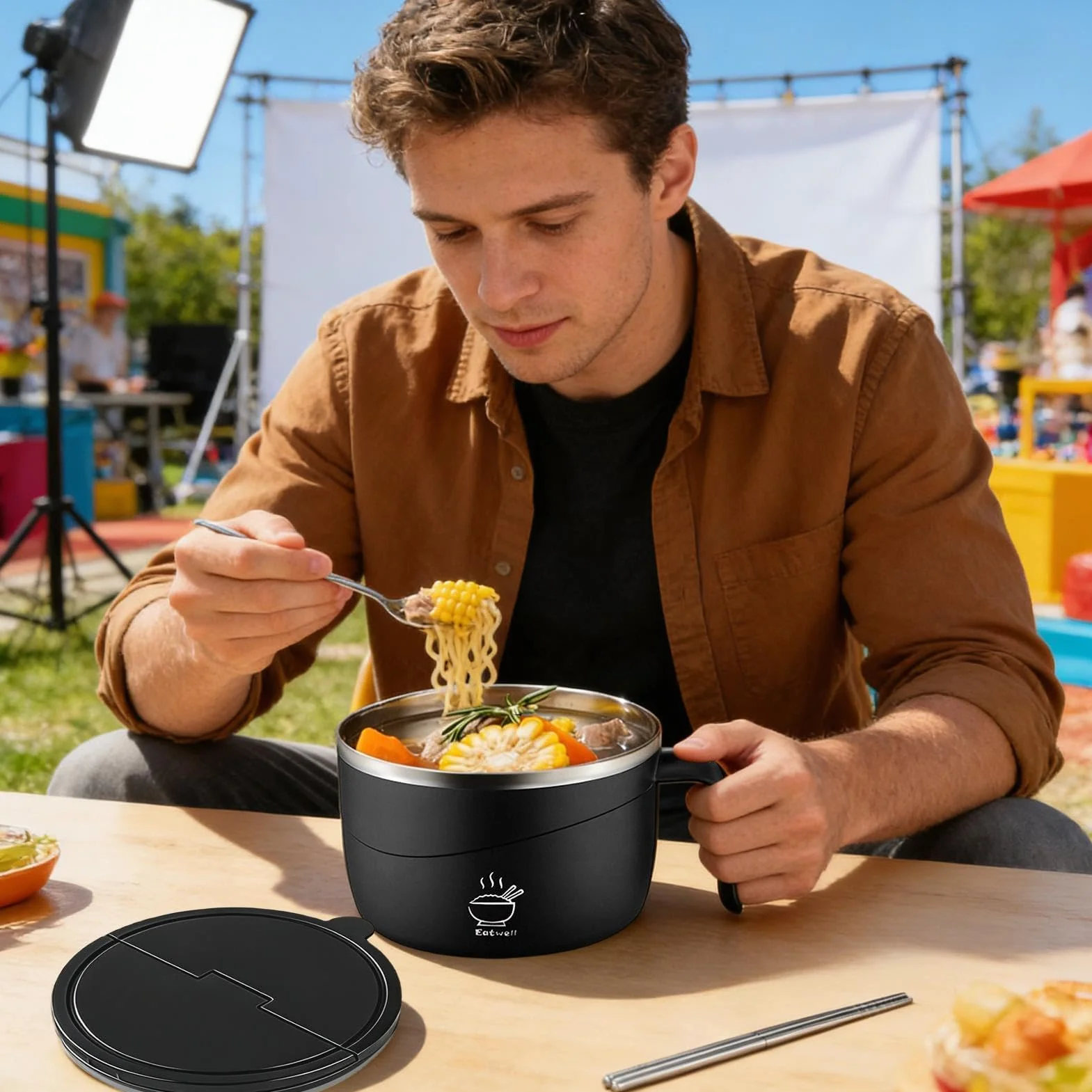 Zestaw misek na makaron, przenośne kubki do zupy 1200 ml, z pokrywką i widelcem, odporne na wysokie temperatury, do ryżu, pho, makaronu, płatków owsianych, sałatek, idealne do domu, pokoju w akademiku