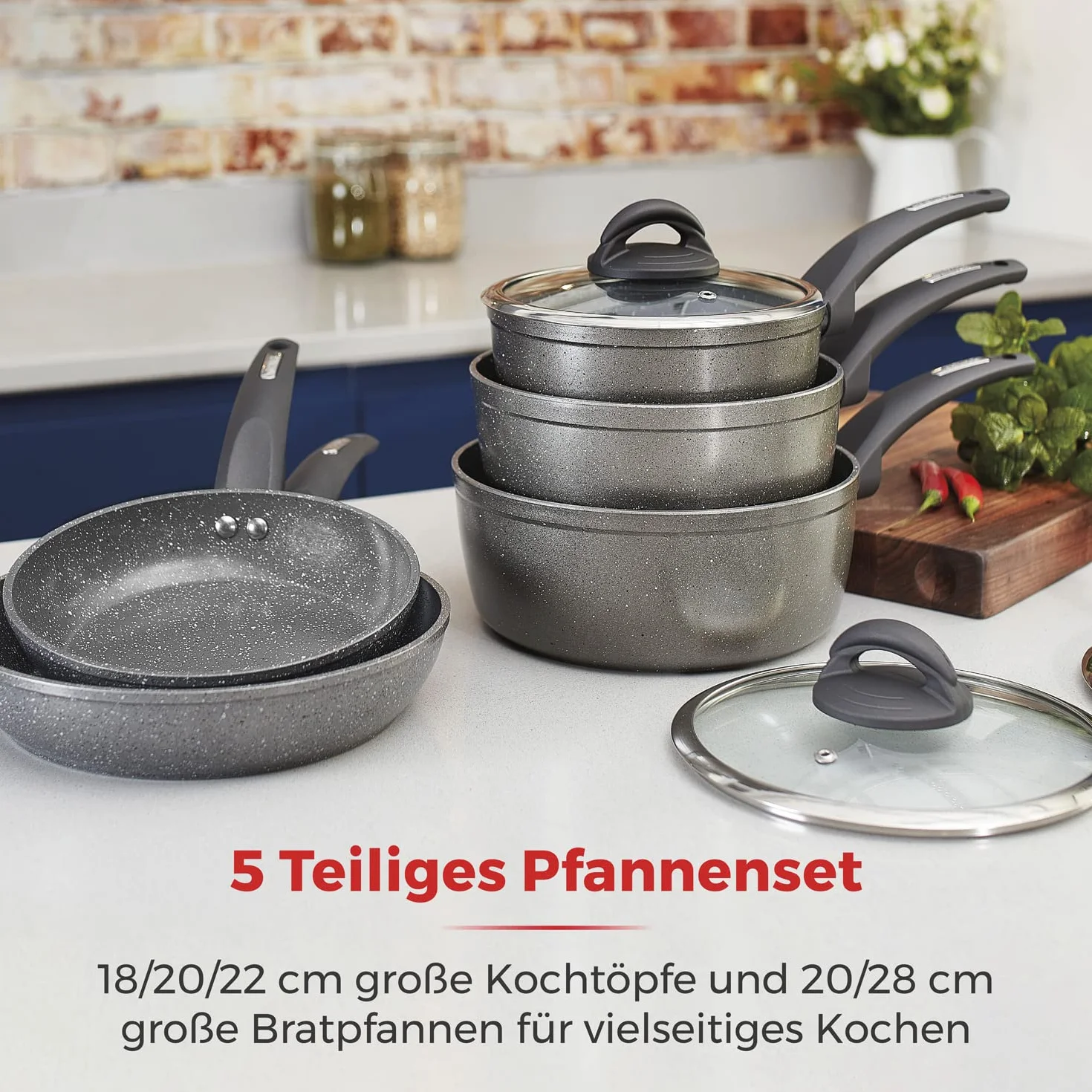 Tower Cerastone Kute 5 Kawałek Pan Set z Non-Kij Powłoka oraz Miękki Dotykać Uchwyty, 18/20/22 cm Rondelki oraz 20/28 cm Smażenie Patelnie, Grafit