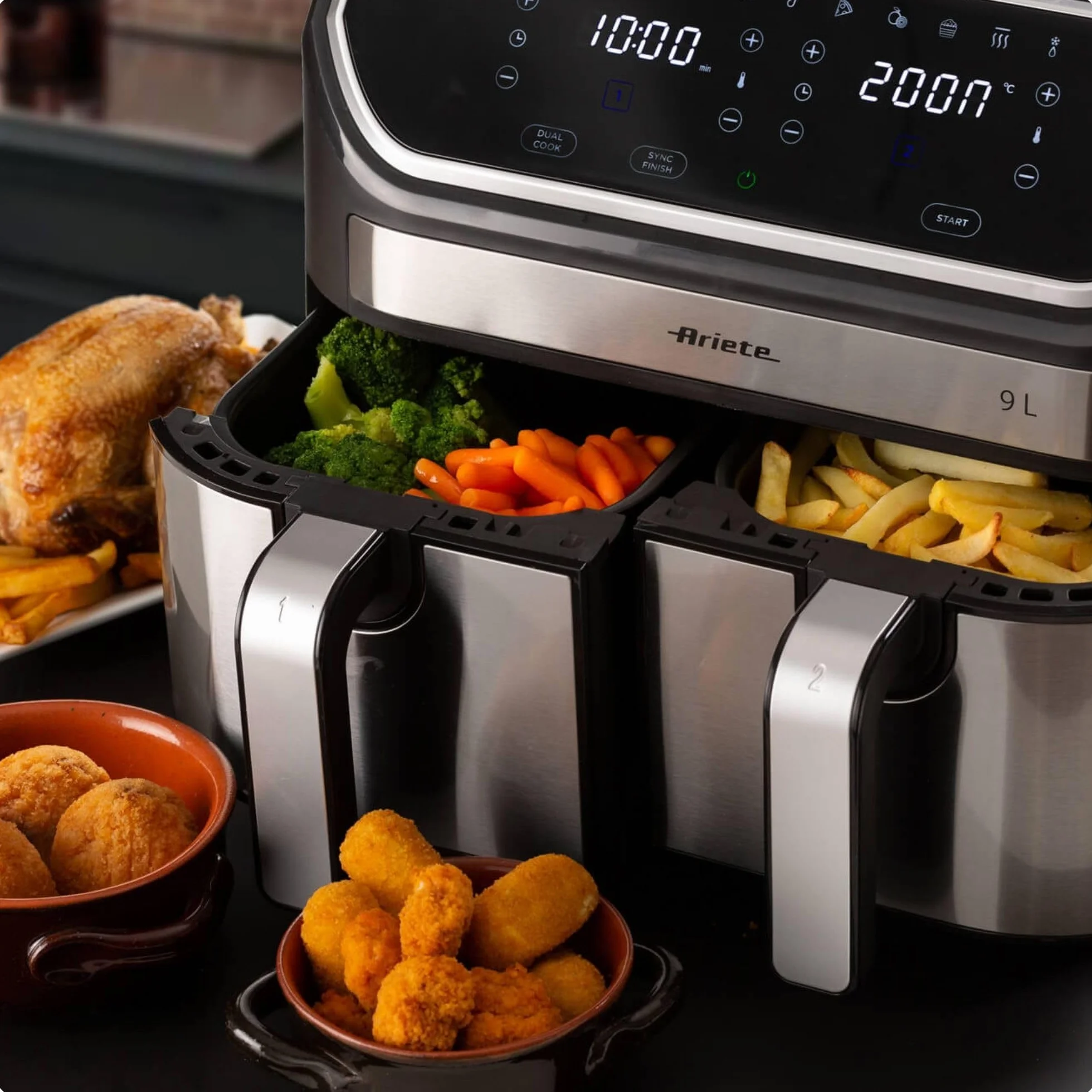 Ariete 4625 frytkownica powietrzna 9 l, 2100 W, pojemność 9 l, podwójny kosz, pojemność gotowania 3,6 kg, 11 zaprogramowanych programów, funkcja Max Crisp, temperatura do 200°C, nieprzywierający kosz