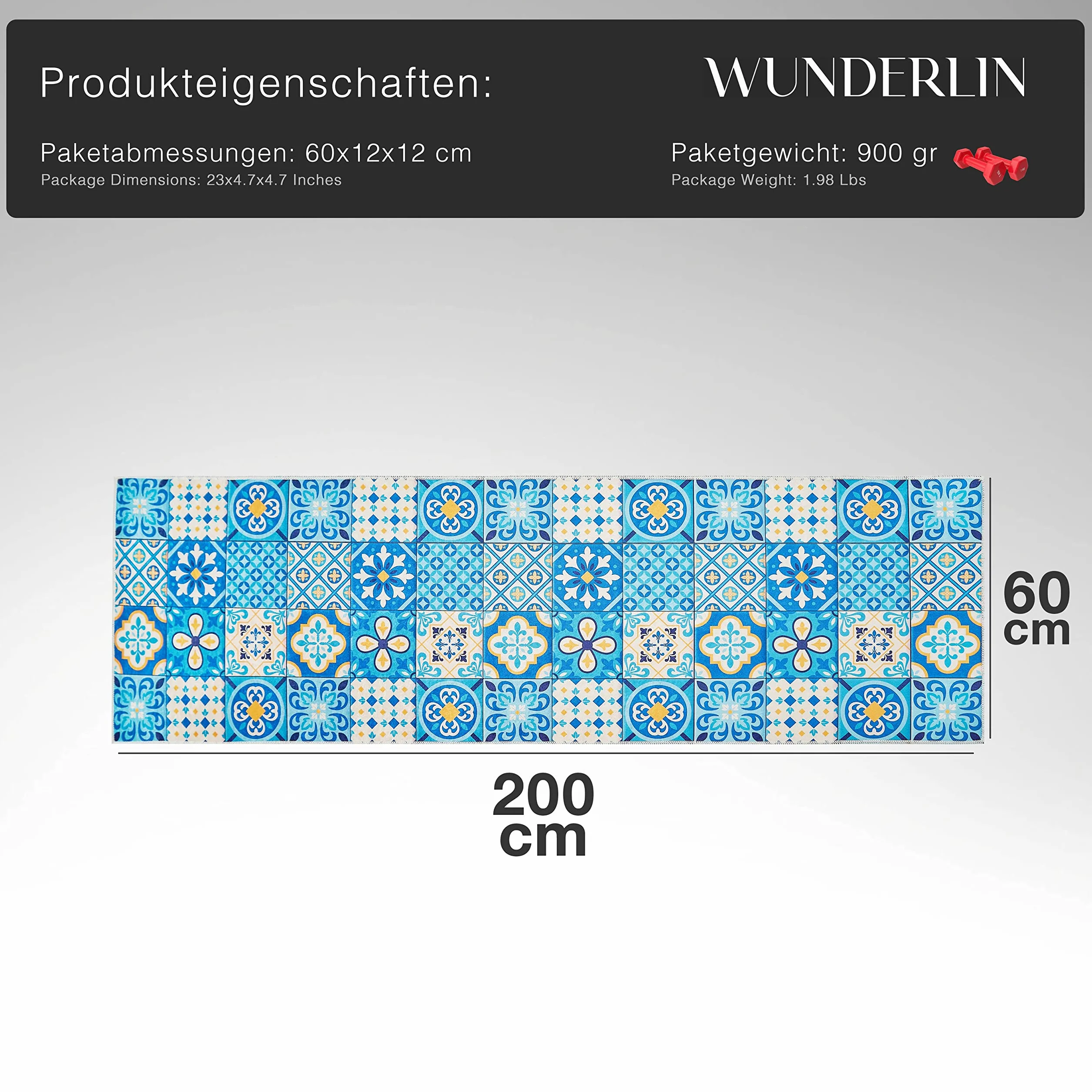 wunderlin Chodnik na korytarz, dywan do kuchni, kolekcja, nadaje się do prania, nowoczesny design, wartościowy, antypoślizgowy, do kuchni, nadaje się do prania (Big Tiles, 60 x 200 cm)