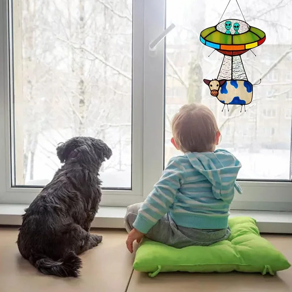 UFO Malowane Witraż Wiszący Panel Drzwi Wiszące Ogród Wystrój Cętkowany B