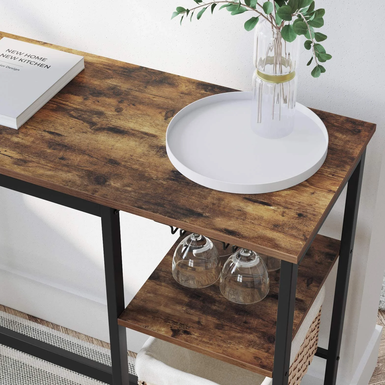 VASAGLE LBT013B01 wysoki stół, stół barowy z uchwytem na kieliszki do wina i stojakiem na butelki, do salonu, kuchni, 110 x 40 x 90 cm, industrialny, rustykalny brązowo-czarny