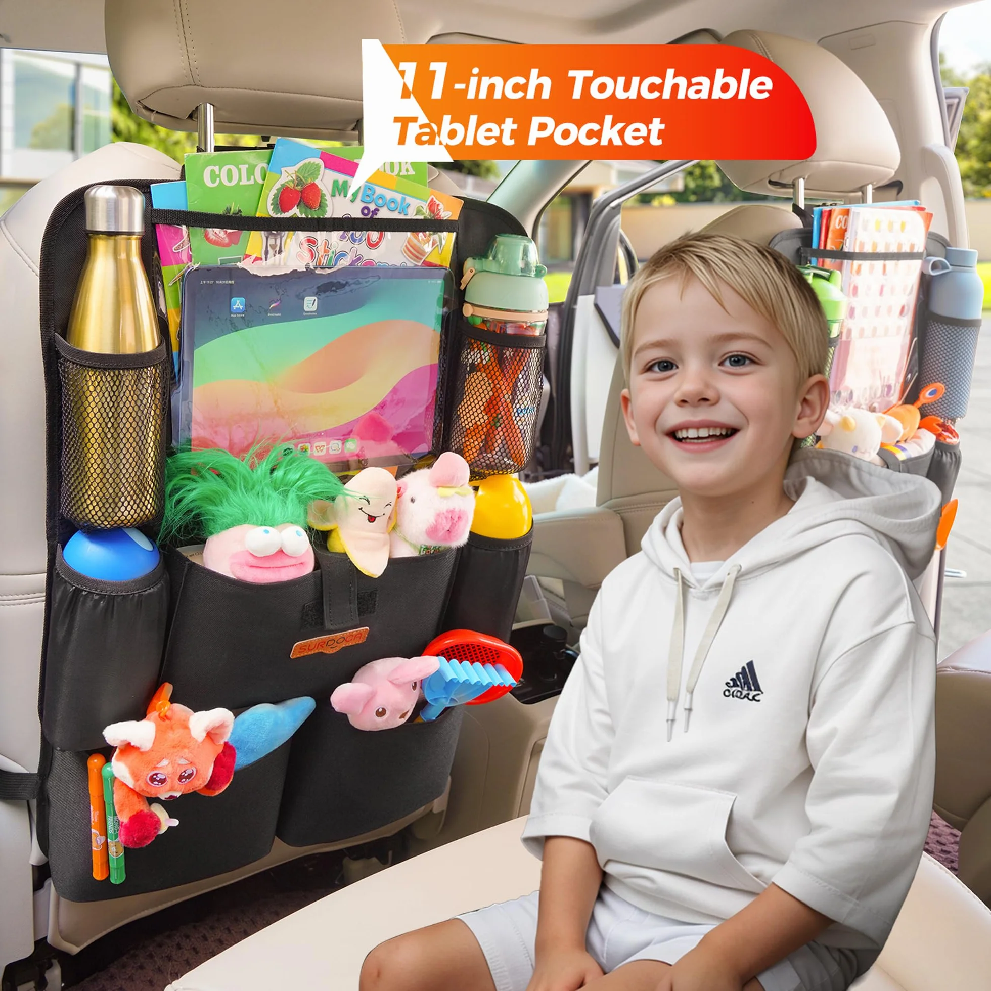 SURDOCA Organizer na fotel samochodowy – 4. generacji ulepszony organizer samochodowy na tylne siedzenie do 10,5 tablet i 9 kieszeni, przechowywanie zabawek dla dzieci, wodoszczelny (1 PC, Czarny)