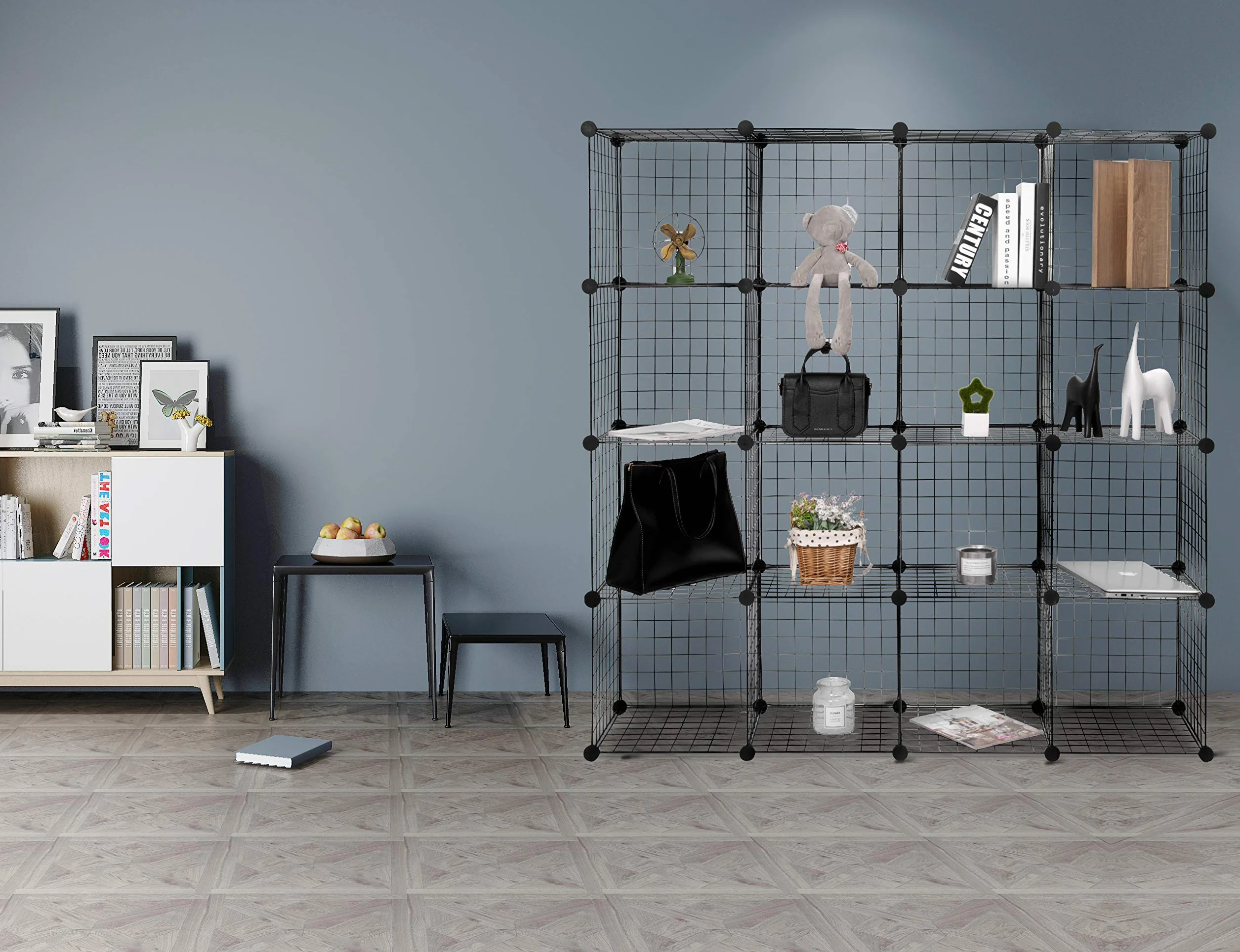 WOLTU SR0123sz-2 system półek bezśrubowych półka sześcianowa półka druciana regulowana indywidualnie 16 przegródek czarny z siatki drucianej 148 x 37 x 148 cm (szer. X wys. X gł.)