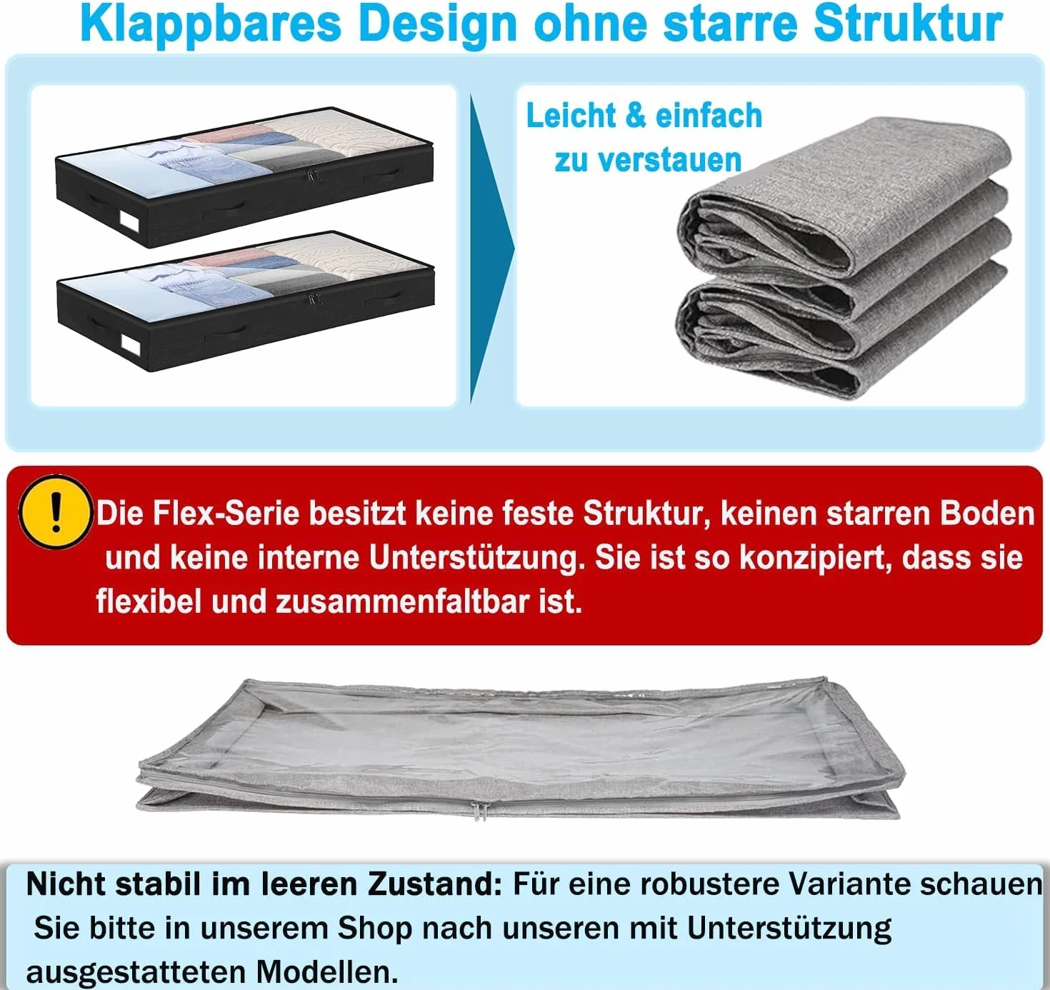 Pudełko do przechowywania pod łóżkiem, 2 sztuki, komoda pod łóżko i przezroczysta pokrywa, 10 cm wysokości, przechowywanie ubrań i organizacja z trwałego materiału, bez solidnej struktury, 4 uchwyty i