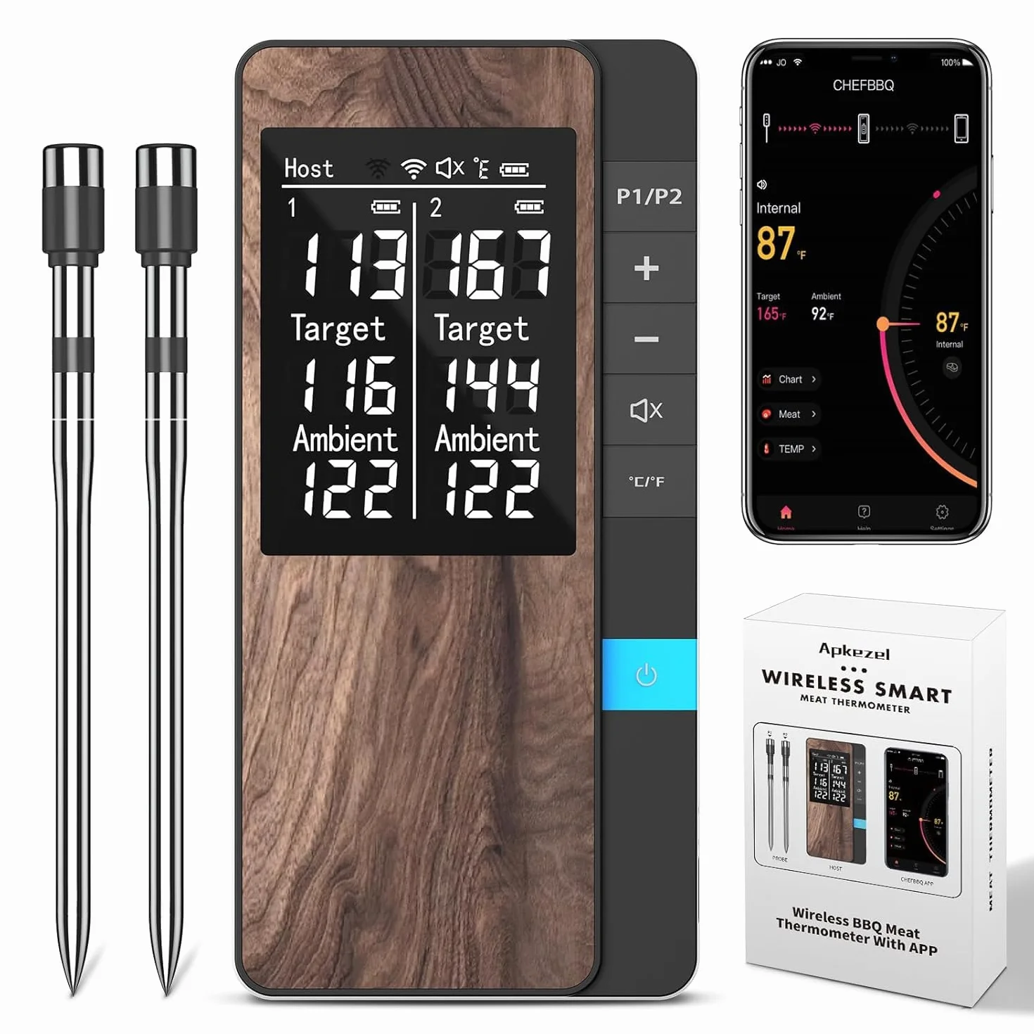Bezprzewodowy termometr do mięsa, termometr do grilla Apkezel Bluetooth z aplikacją, wodoodporny termometr do pieczenia IP67 bezprzewodowy z podwójną sondą