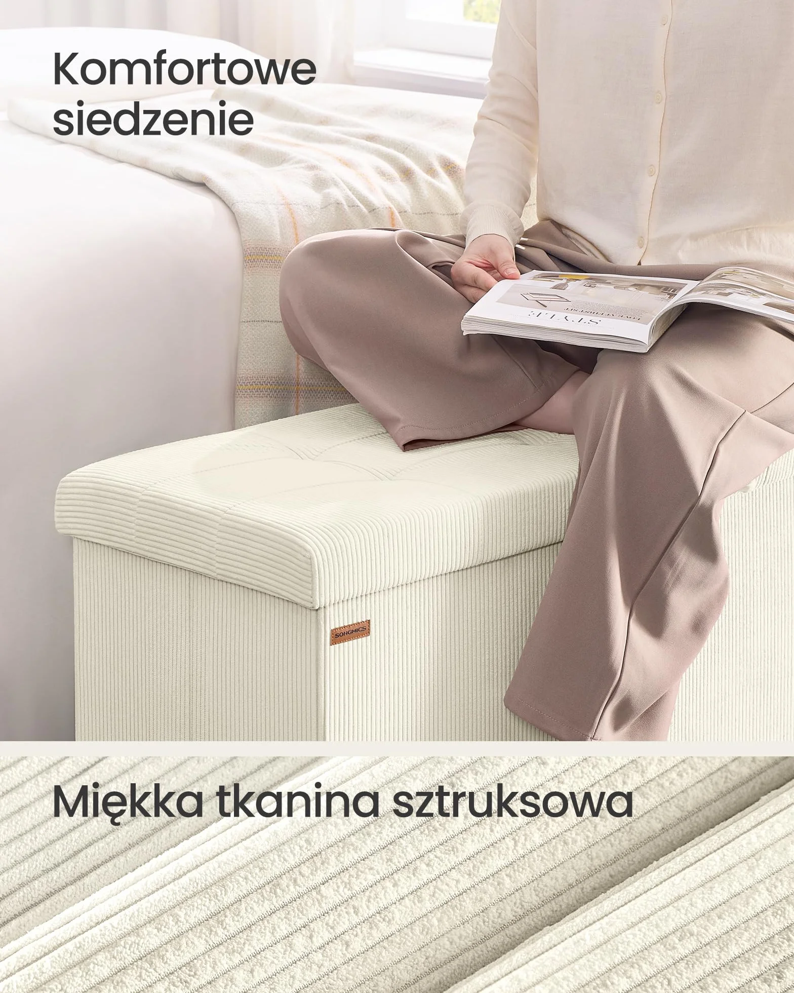 SONGMICS Podnóżek ze schowkiem, składana ławka, 38 x 76 x 38 cm, podnóżek, sofa rozkładana, pojemnik na rzeczy, ładowność do 300 kg, salon, sypialnia, korytarz, kremowo-biały LSF603W01