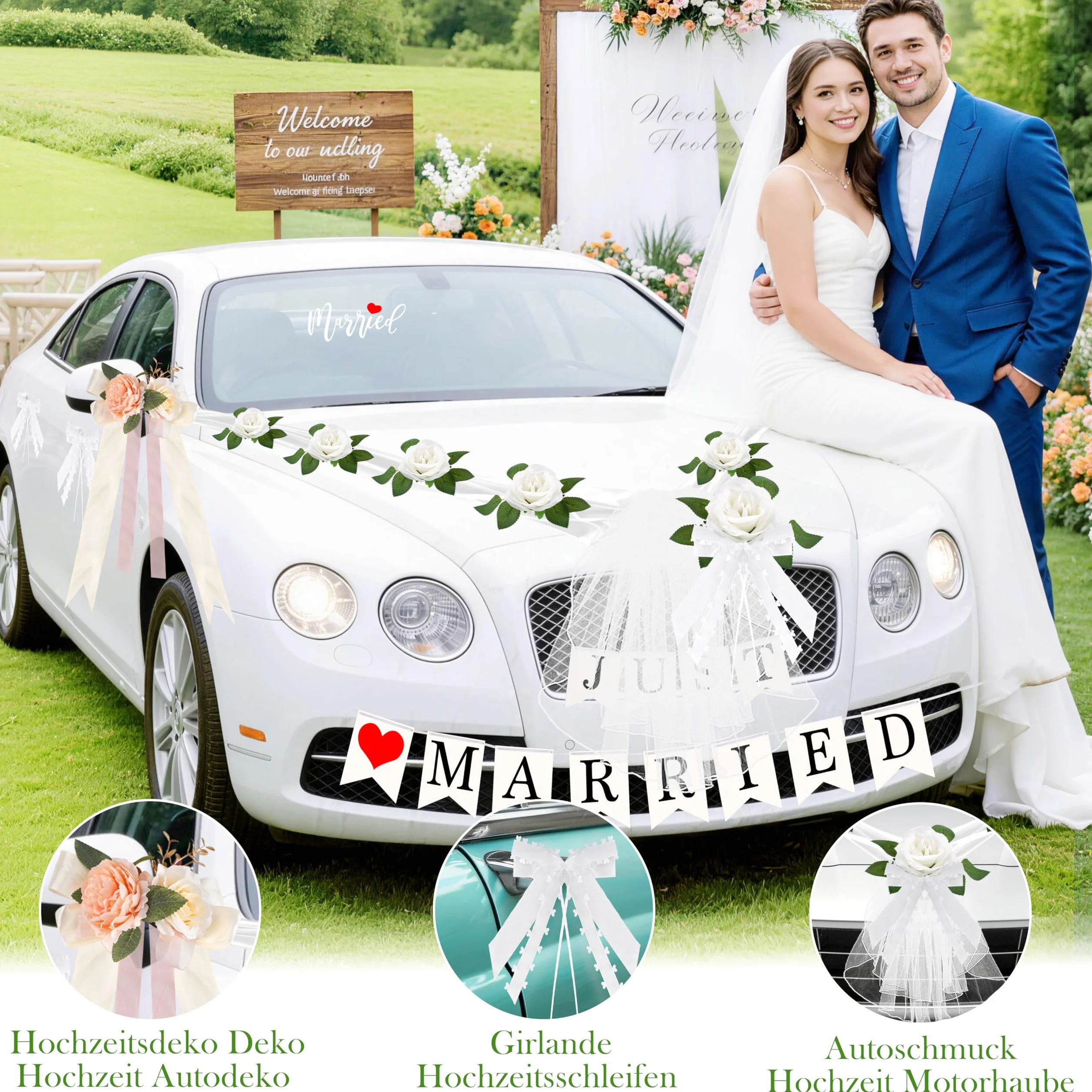 Ślubna ozdoba samochodowa (4 kokardy samochodowe na uchwyty + 2 weselne kokardki samochodowe + 2 x 180 cm girlanda z jedwabnymi kwiatami z 9 różami + naklejka Just Married i łańcuch