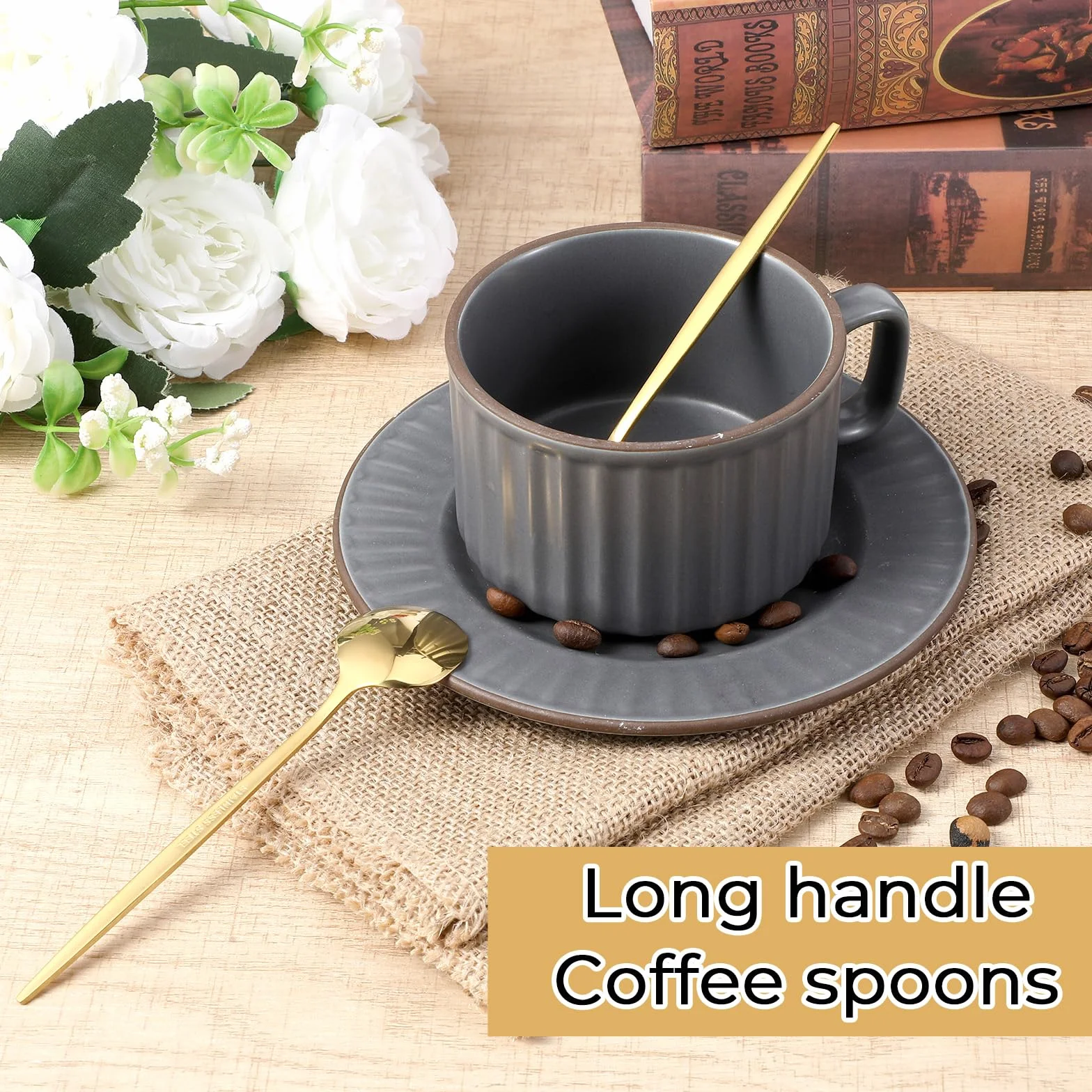 Nogeqi 8 sztuk małych łyżeczek deserowych 13,3 cm, długa łyżeczka do espresso, wysokiej jakości stal nierdzewna, łyżeczki do kawy, złote łyżeczki do herbaty, eleganckie, nadają się do mycia w zmywarce