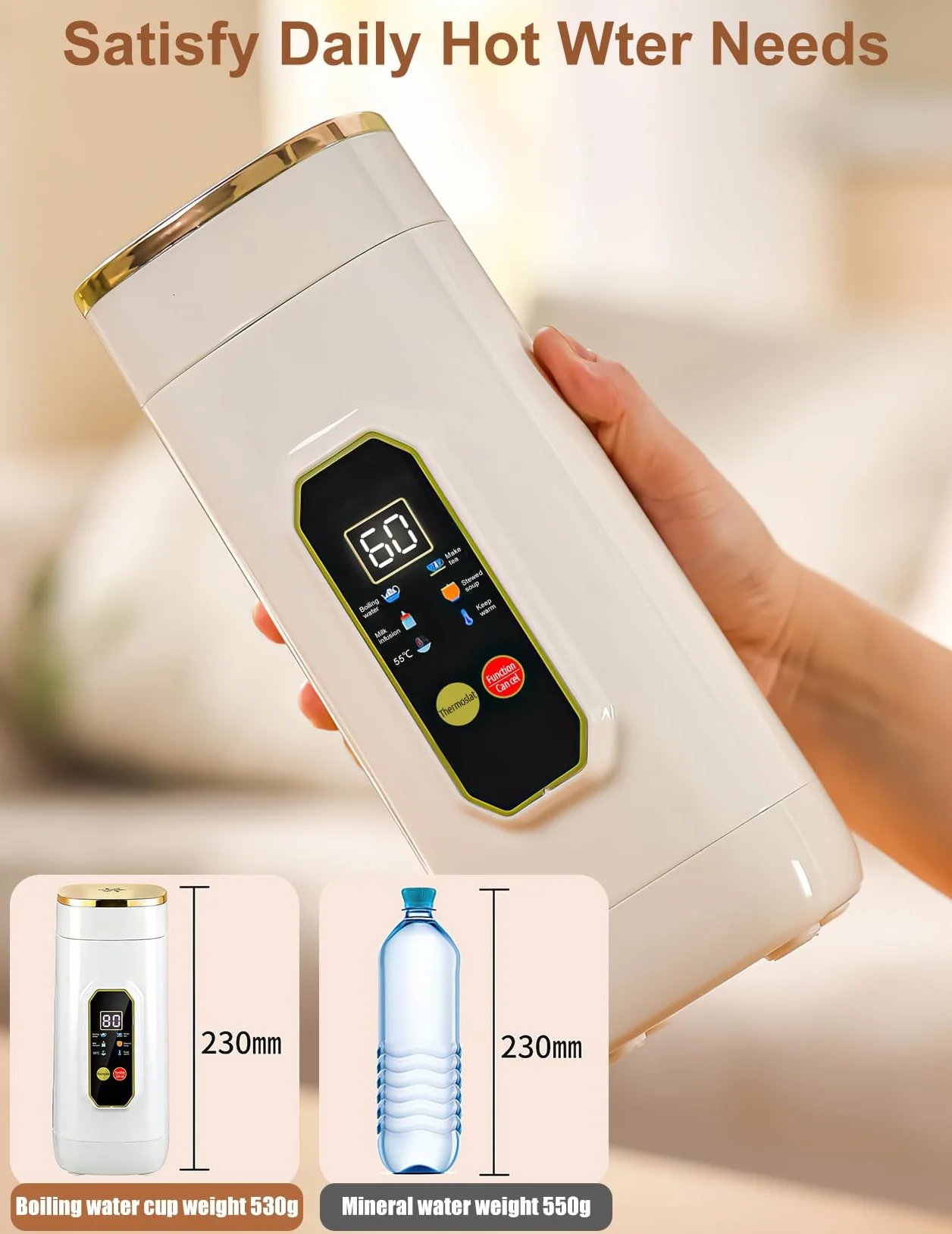 Mały Czajnik Podróżny, 450 ML Mini Czajnik z 6 Ustawieniami Temperatury Wyświetlacz LED Temperatury w Czasie Rzeczywistym Przenośny Czajnik Elektryczny do Herbaty, Mleka dla Niemowląt, Kawy