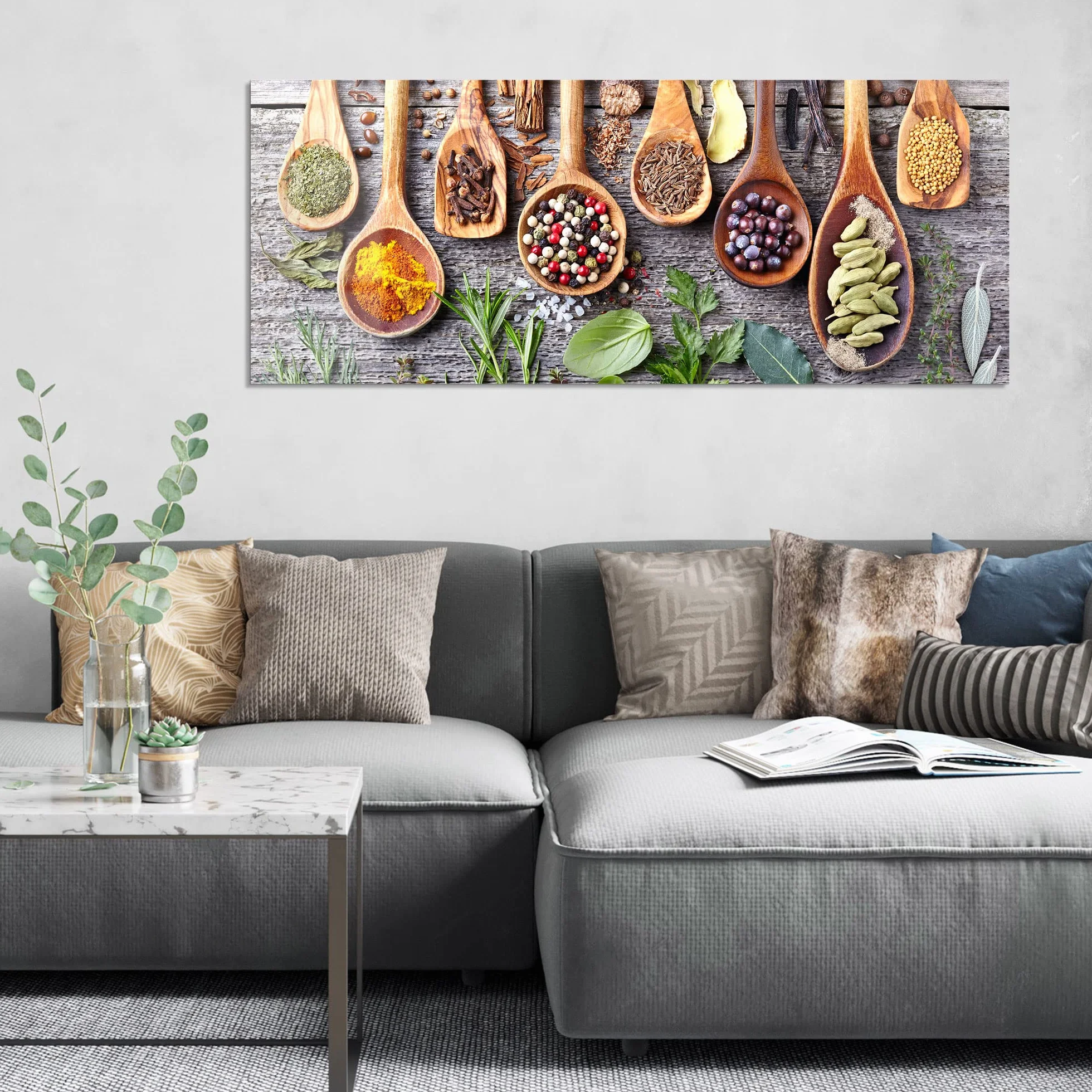 DEQORI Obraz na szkle z prawdziwego szkła | motyw zdobione łyżki kuchenne | poziomo jednoczęściowa 150 x 60 cm | piękna dekoracja | obraz ścienny do salonu, sypialni, korytarza i kuchni | nowoczesna dekoracja ścienna