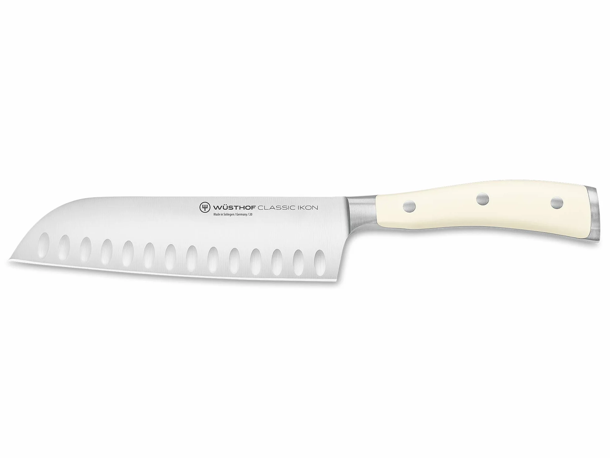 Wüsthof Santoku, Classic Ikon Crème (1040431317), ostrze 17 cm ze szlifem kulowym, azjatycki nóż kuchenny, stal nierdzewna, biały uchwyt