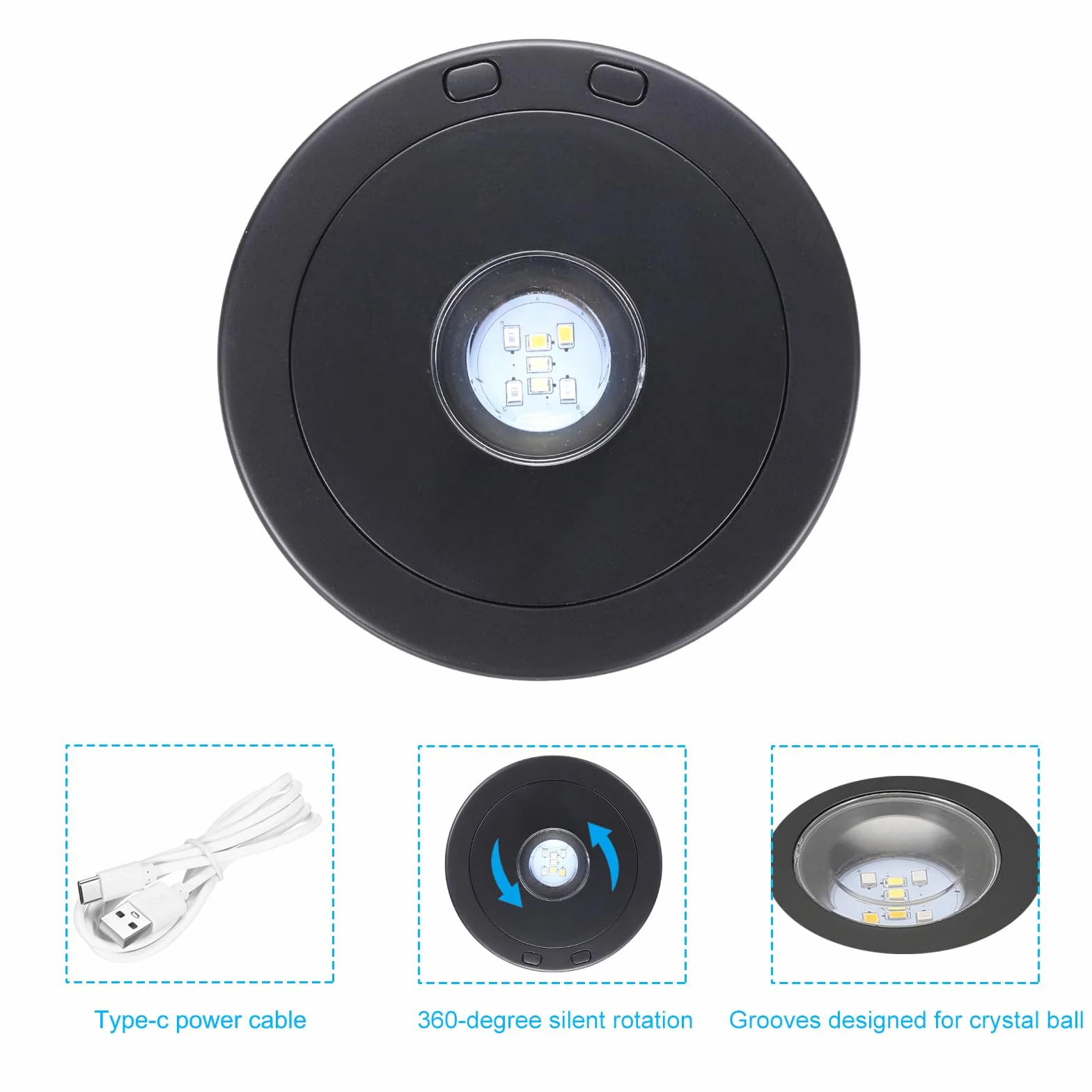 PATIKIL Obrotowy stojak ekspozycyjny 11,4 cm x 8,9 cm, podstawa świetlna LED, 360 stopni, cokoły z 4 obrotowymi i 8 trybami świecenia, do kryształów, szklanej biżuterii, czarny