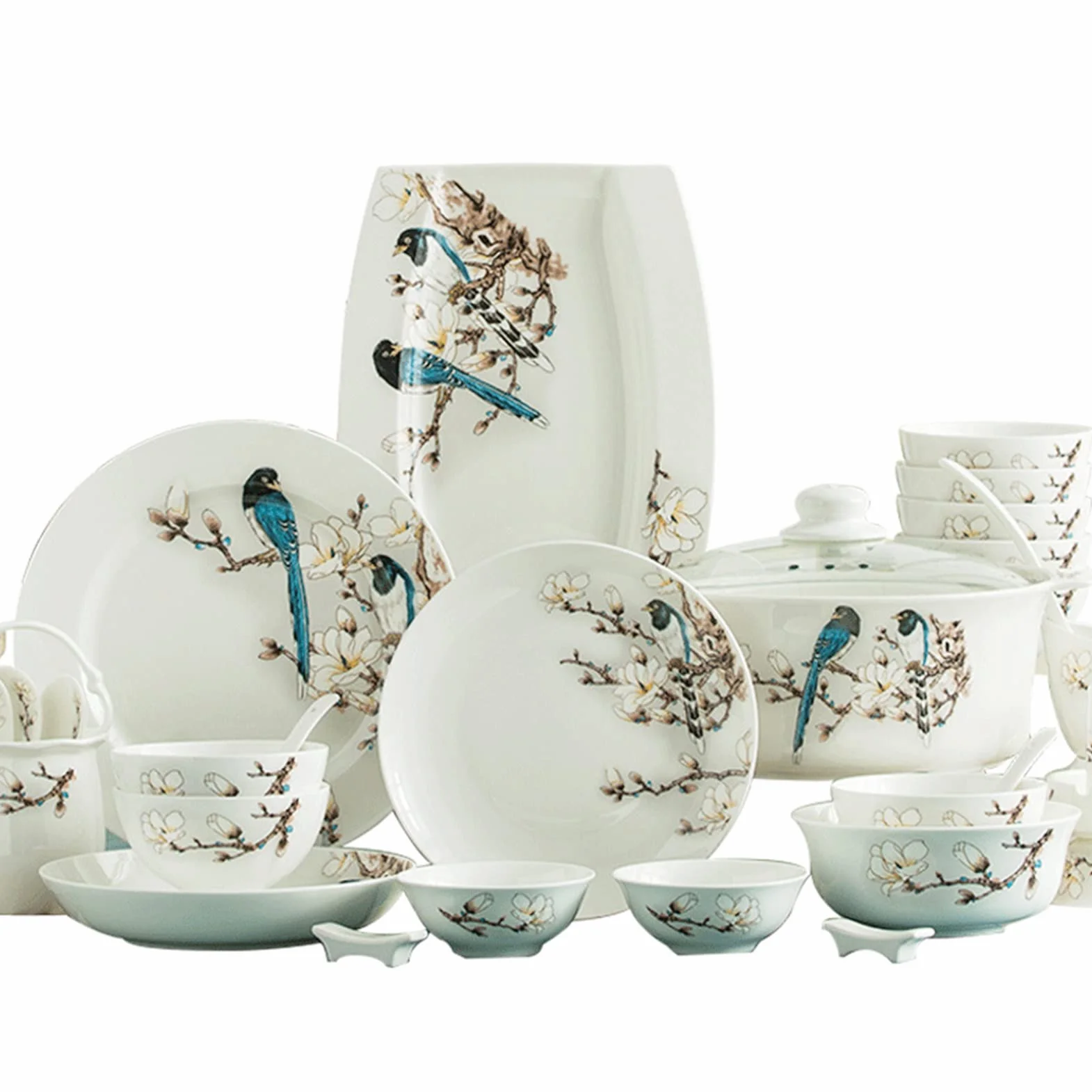 60-elementowy zestaw naczyń z europejskiej porcelany kostnej, ceramika Jingdezhen, porcje dla 8-10 osób, kompletny ręcznie robiony zestaw naczyń ceramicznych, zestaw,