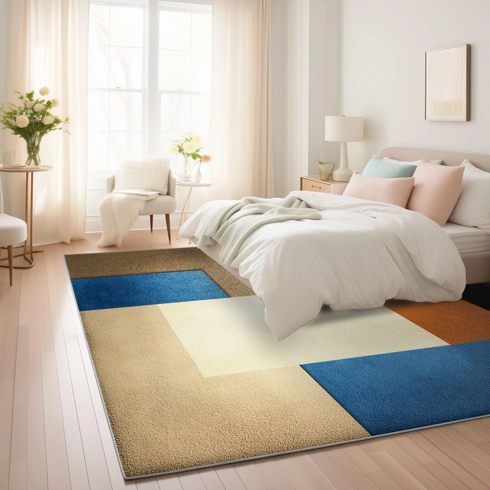 120 x 180 cm Abstrakcyjne i geometryczne komfortowe flanelowe dekoracyjne klocki kolor beżowy miękki hipoalergiczny dywan do salonu i sypialni - nowoczesny design, antypoślizgowa podstawa, łatwa