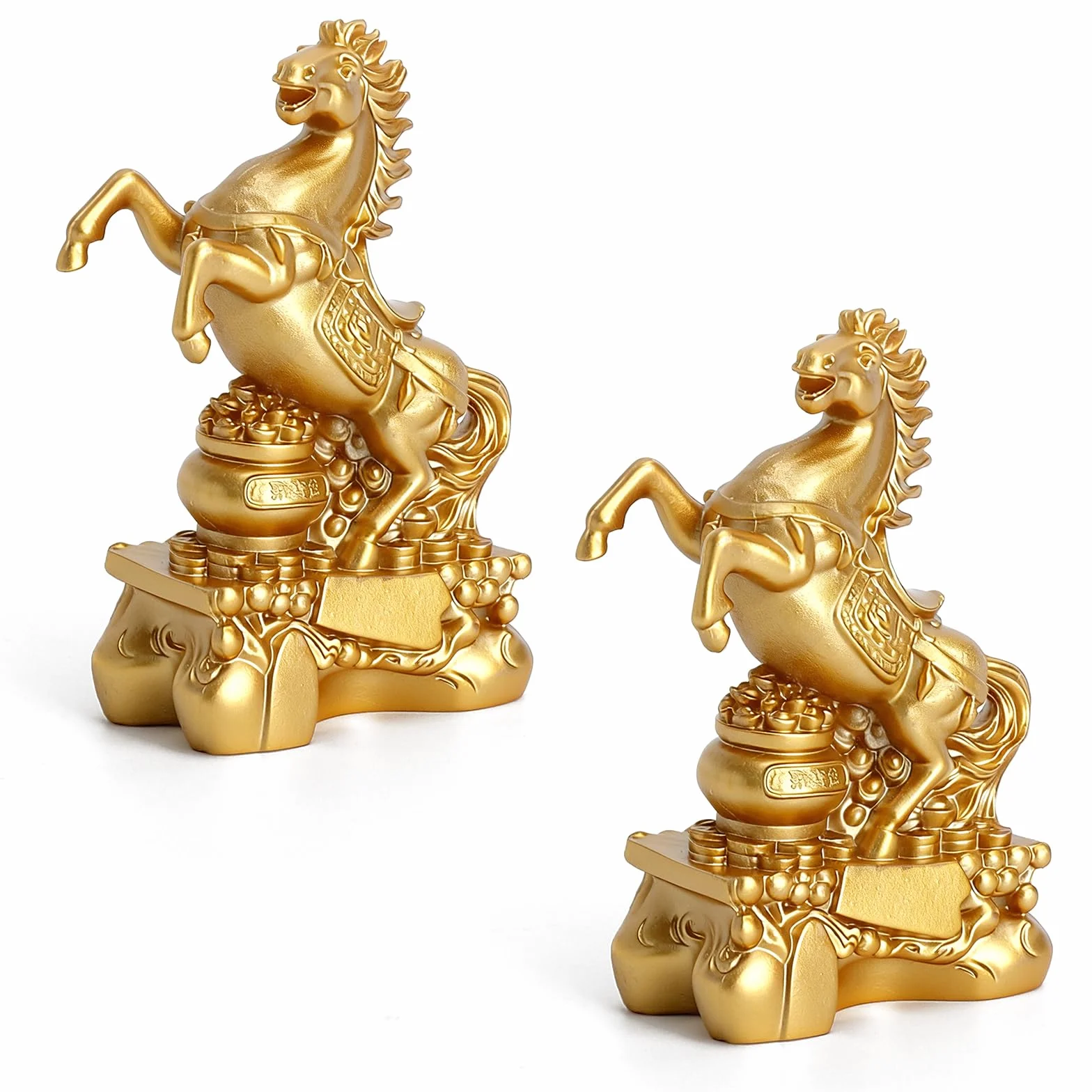 Figurki Konia z Żywicy, 2 Sztuki, Złote, Dekoracyjne Statuetki, Rok Konia 2026, Ozdoby Zodiaku, Azjatycka Dekoracja, Chińska Dekoracja, Przyciąganie Bogactwa i Szczęścia