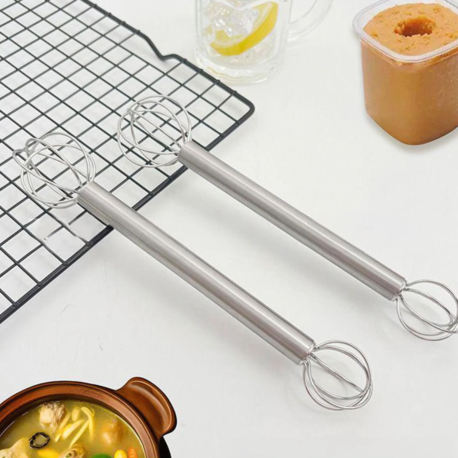 Stal Nierdzewna Trzepaczka | Podwójna Główka Ze Stali Nierdzewnej Miso Muddler | Ergonomiczne Narzędzie Do Mieszania Klasa Spożywcza Do Pieczenia Sosów Sałatek Ciasta Zupy Jaj I Koktajli