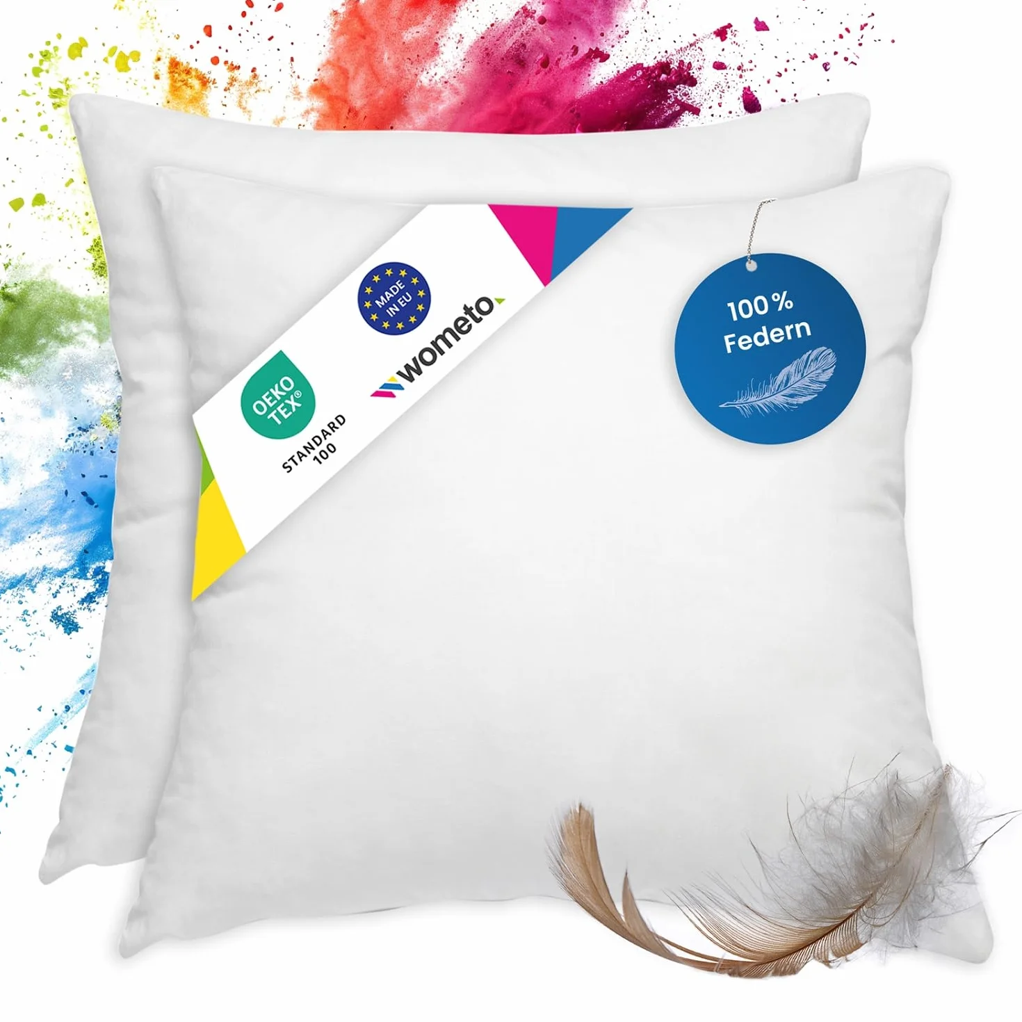 wometo Zestaw 2 poduszki z pierza 100% pióra 45x45-500g Oeko-TEX poduszka na sofę, wypełnienie do poduszki, poszewka z bawełny, biała/poduszka wewnętrzna/wypełnienie do poduszki/małe poduszki pod