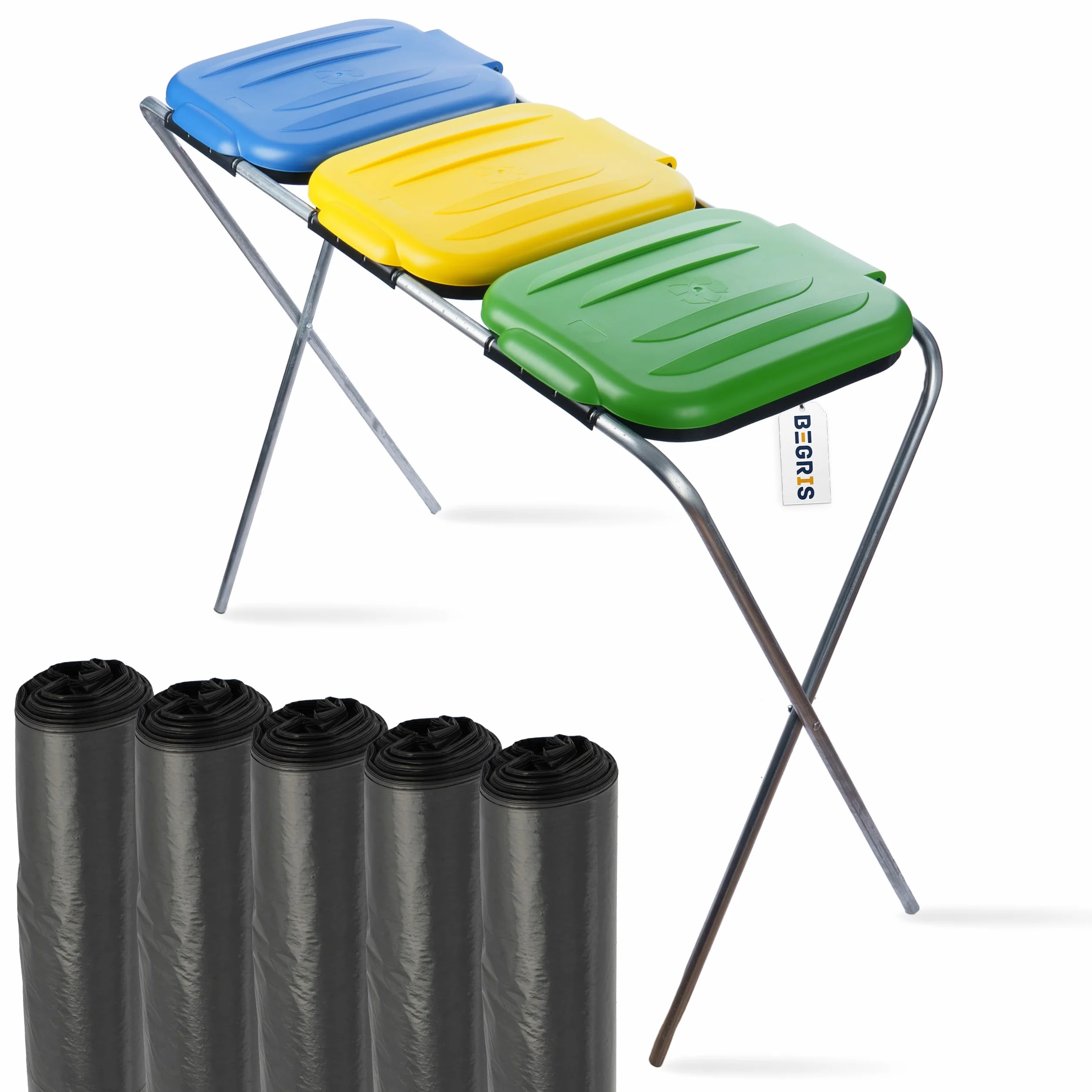 Stojak na Worki Do Segregacji Śmieci 96,5x36x78 cm Stelaż Kosz 3 Stanowiska Na Śmieci + Worki na Odpady 120L 5 Rolek, Kolorowy Uchwyt Na Worki z Odpadami z Pokrywą