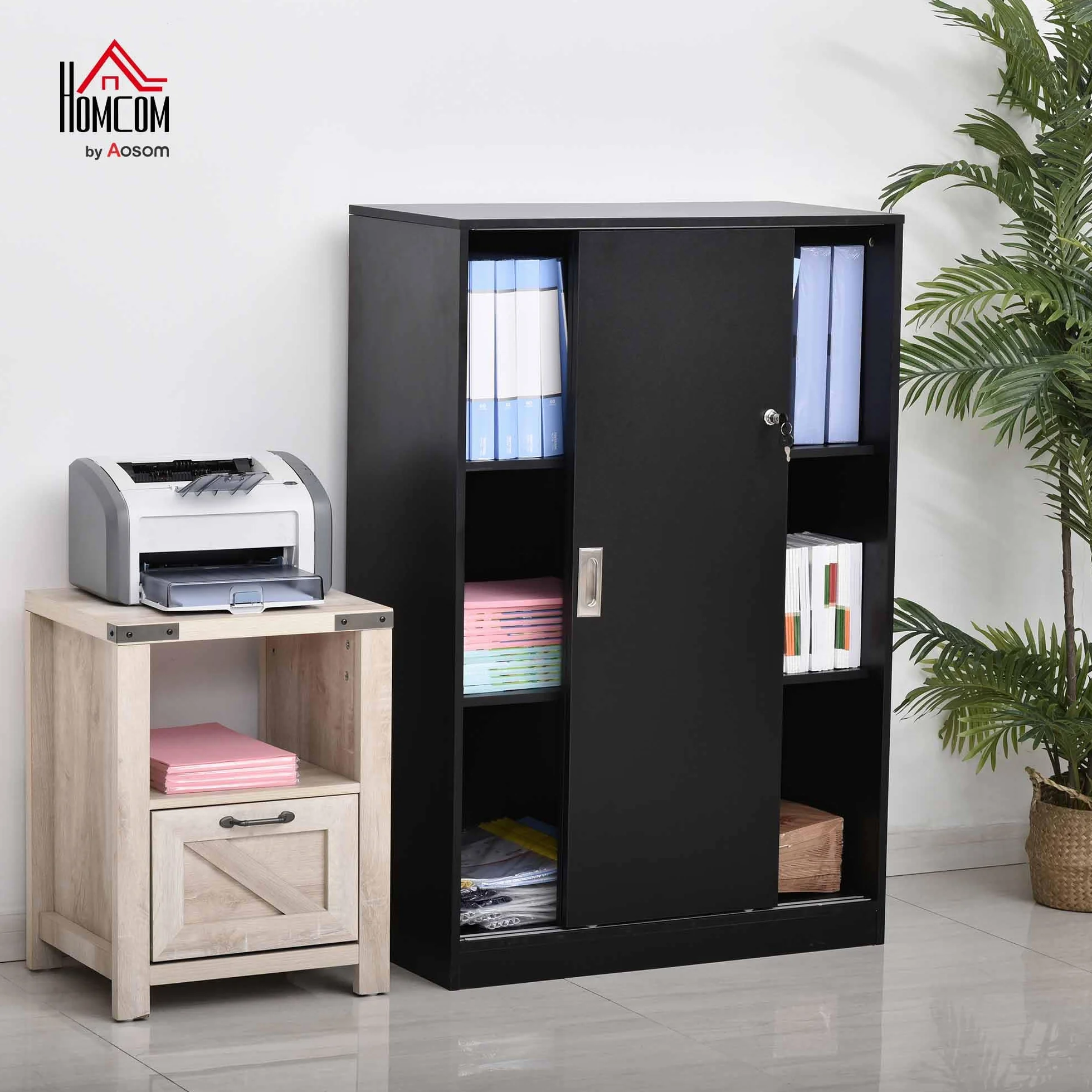 HOMCOM Szafka biurowa Szafa z 2 zamykanymi drzwiami przesuwnymi dim. 80L x 40 l x 120H cm 2 półki panelowe czarne