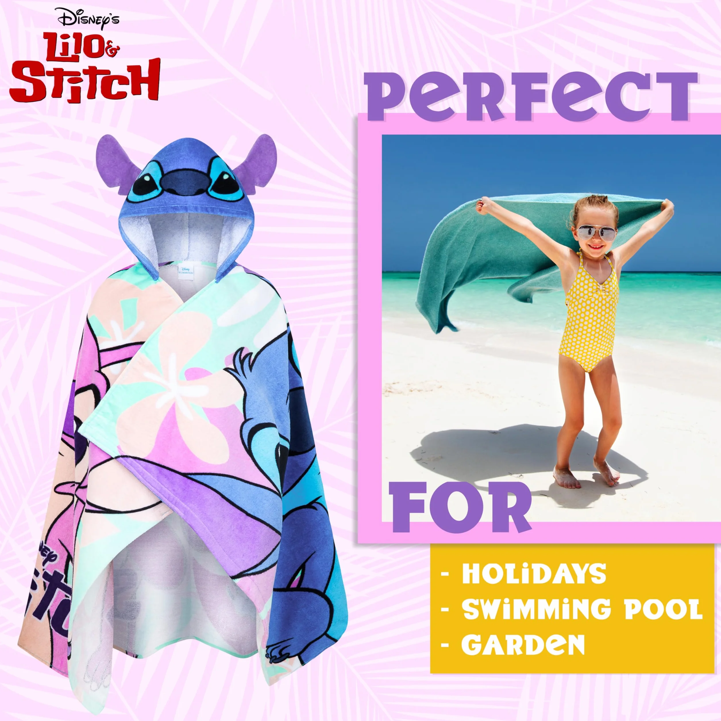 Disney Ścieg ręcznik z kapturem dla dzieci, chłonny ręcznik kąpielowy z kapturem, na basen, na plażę, wakacje, niezbędnik (niebieski/wielokolorowy, 6-14 lat)