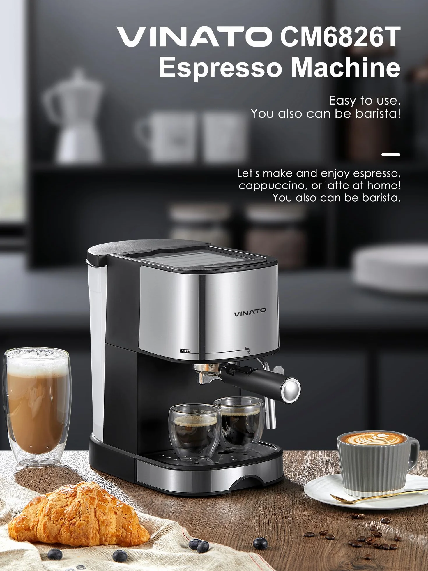 VINATO Ekspres do espresso, 15 bar, ekspres do espresso i cappuccino z funkcją szybkiego nagrzewania, ekspres do kawy z funkcją spieniania mleka i prętem parowym, podwójny uchwyt filtra wylotowego i 2