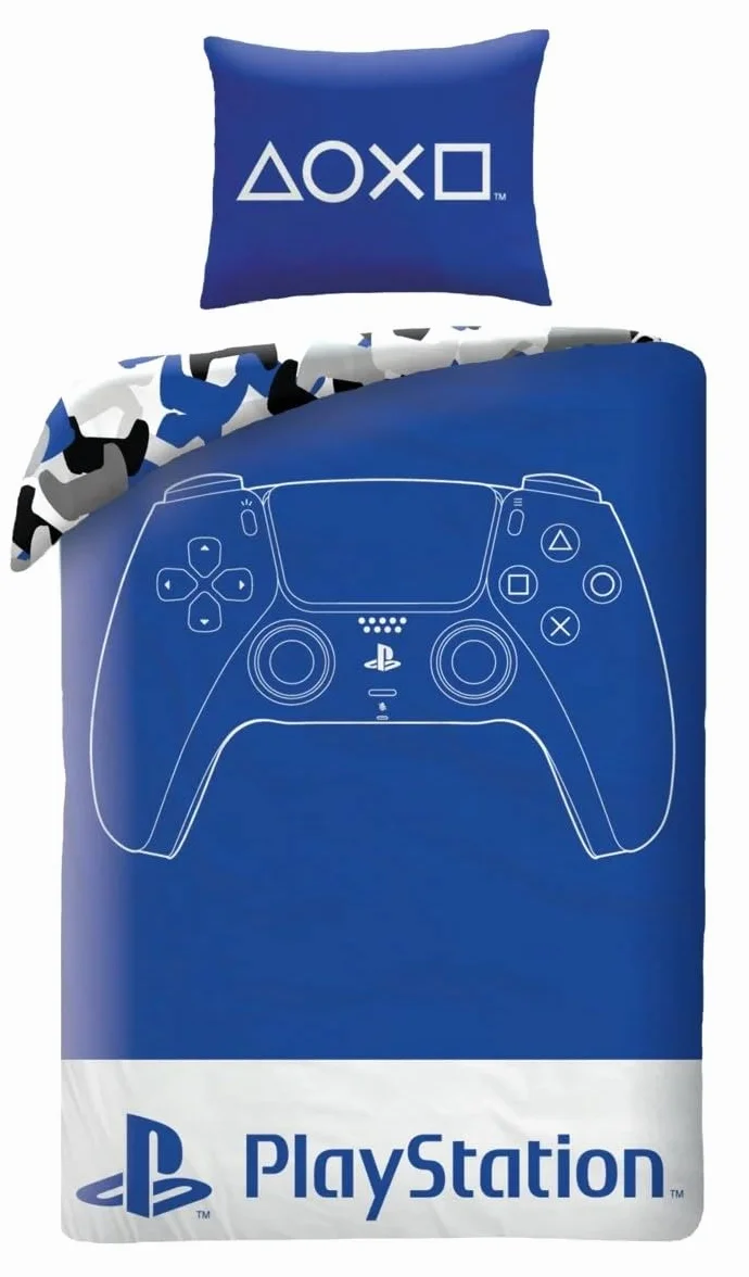 Zestaw Pościeli Dziecięcej PlayStation – Poszwa na Kołdrę 140 x 200 cm + Poszewka na Poduszkę 70 x 90 cm – 100% Poliester Mikrofibra – Wzór Kontrolera PS5