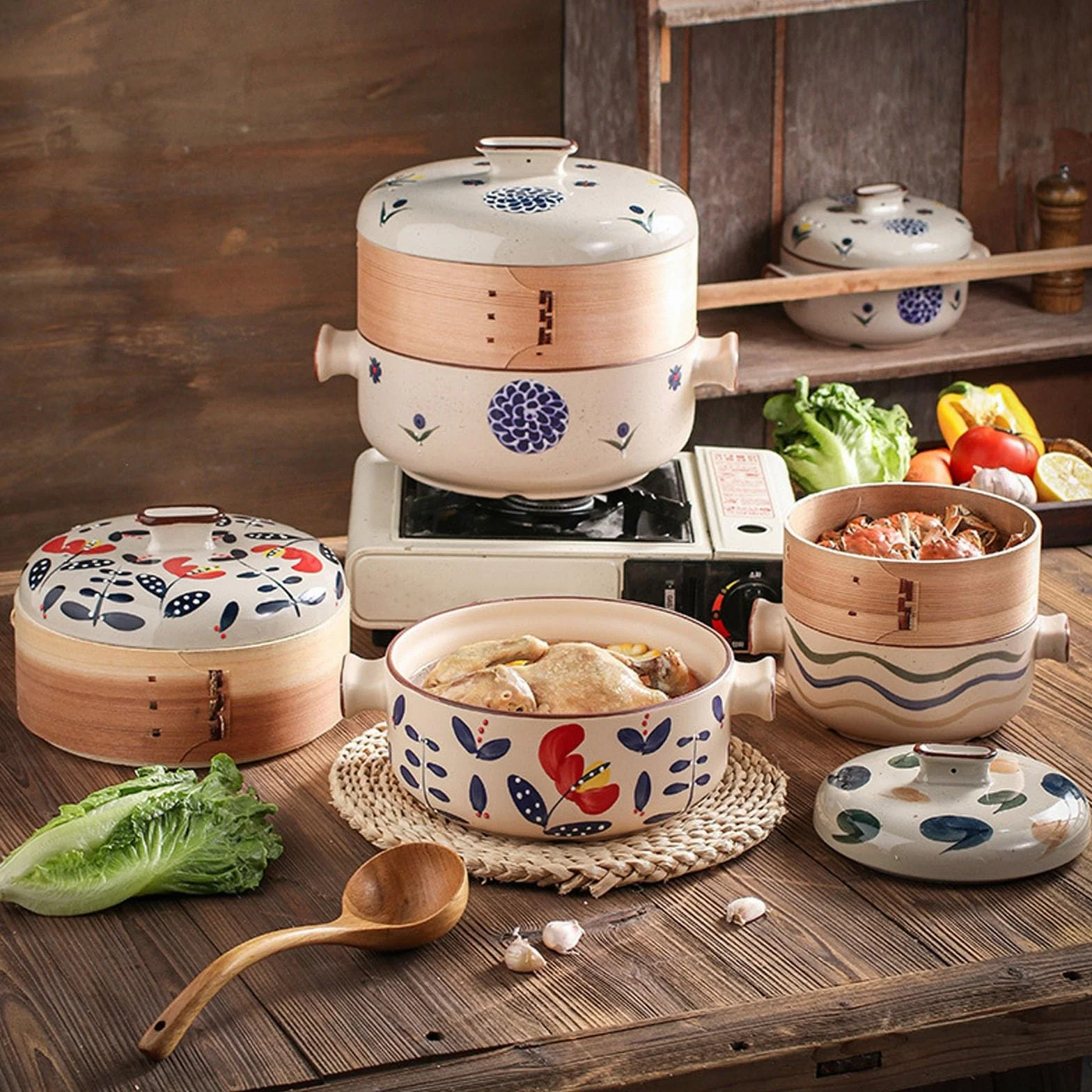 Ceramiczny gorący garnek, japoński styl zapiekanka z koszem do gotowania na parze, nieprzywierający garnek do gotowania, pojemność 2,5 l na pyszne zupy i potrawy