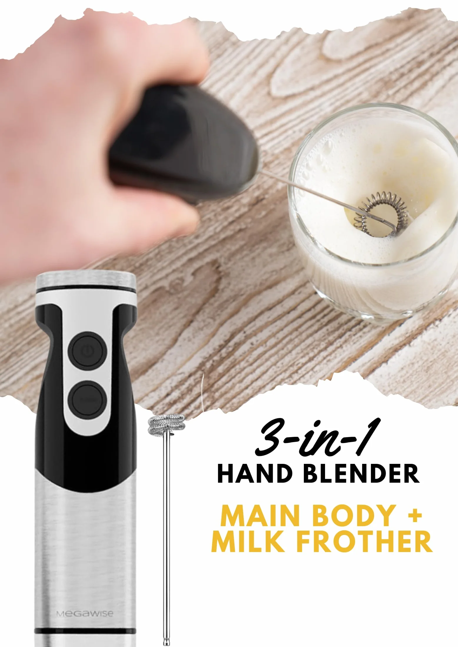 Megawise High-Power Hand Blender – maksymalna moc 400W z wszechstronnymi załącznikami 3-w-1 (wał mieszający, whisk, chopper); Ergonomiczny design z regulowaną kontrolą prędkości (czarny)