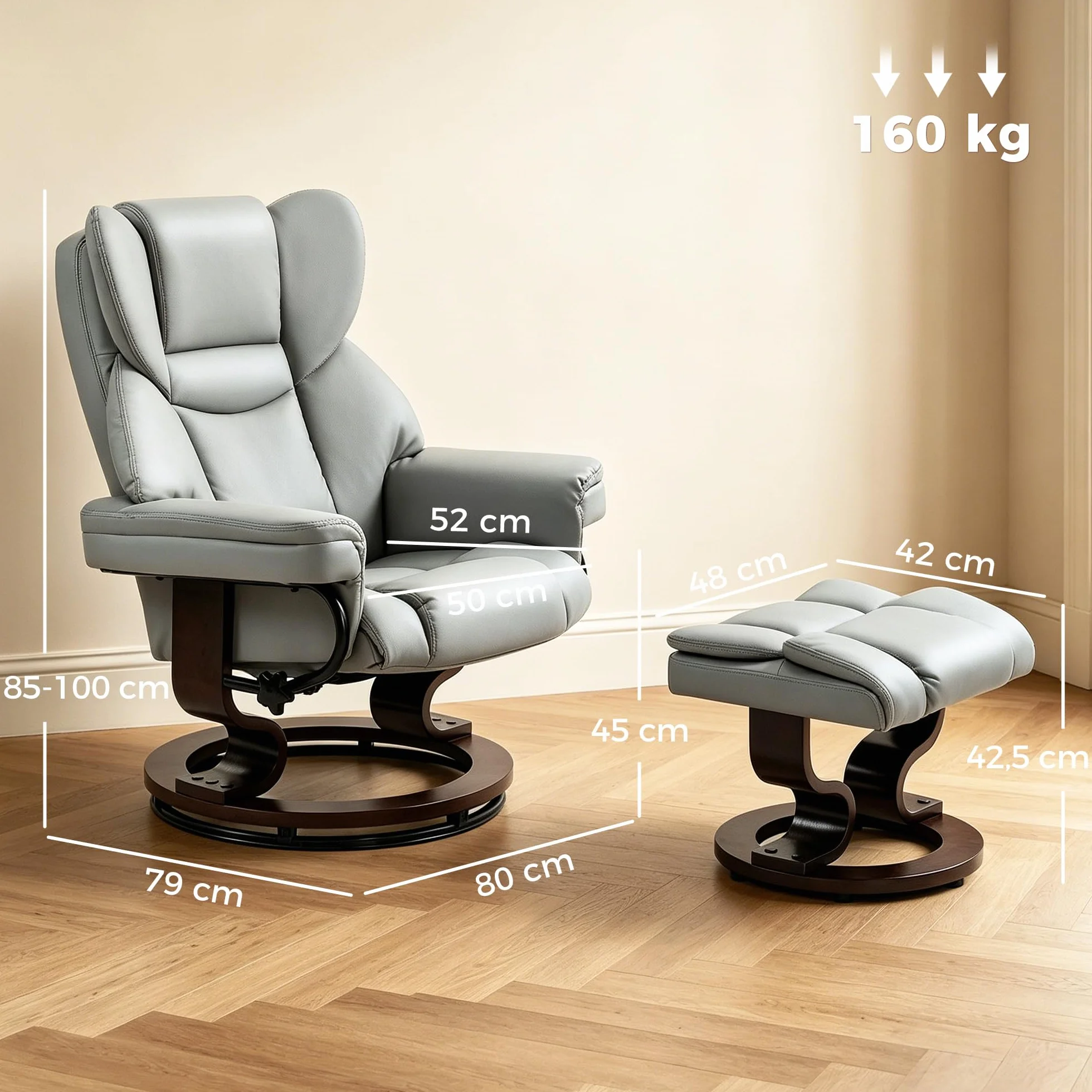 HOMCOM Fotel relaksacyjny z taboretem, obracany o 360° fotel telewizyjny z funkcją leżenia, fotel tapicerowany do salonu, sypialni, sztuczna skóra, jasnoszary