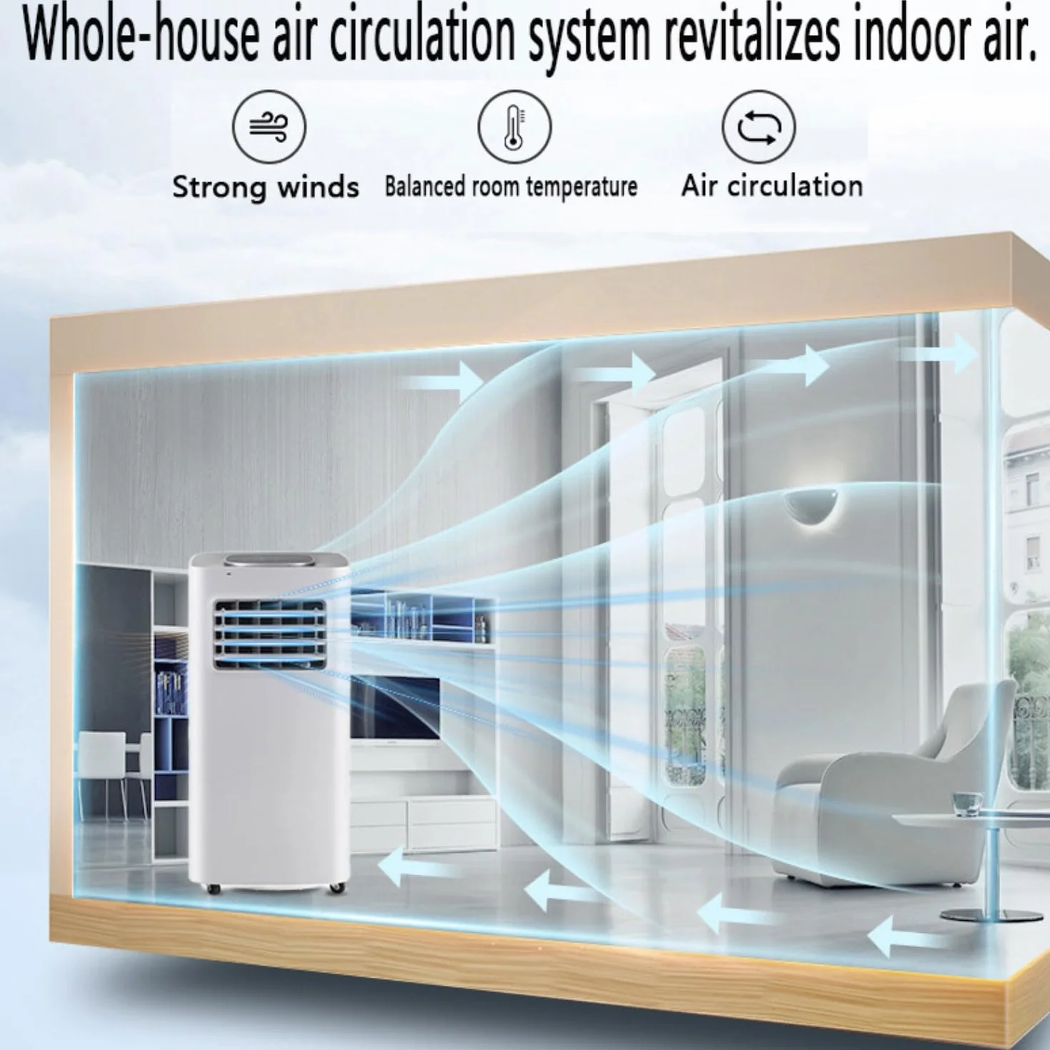 Przenośny klimatyzator 8000 BTU, chłodzi 300 m2, pilot, timer, zestaw instalacyjny, 2 prędkości, wentylator oscylacyjny