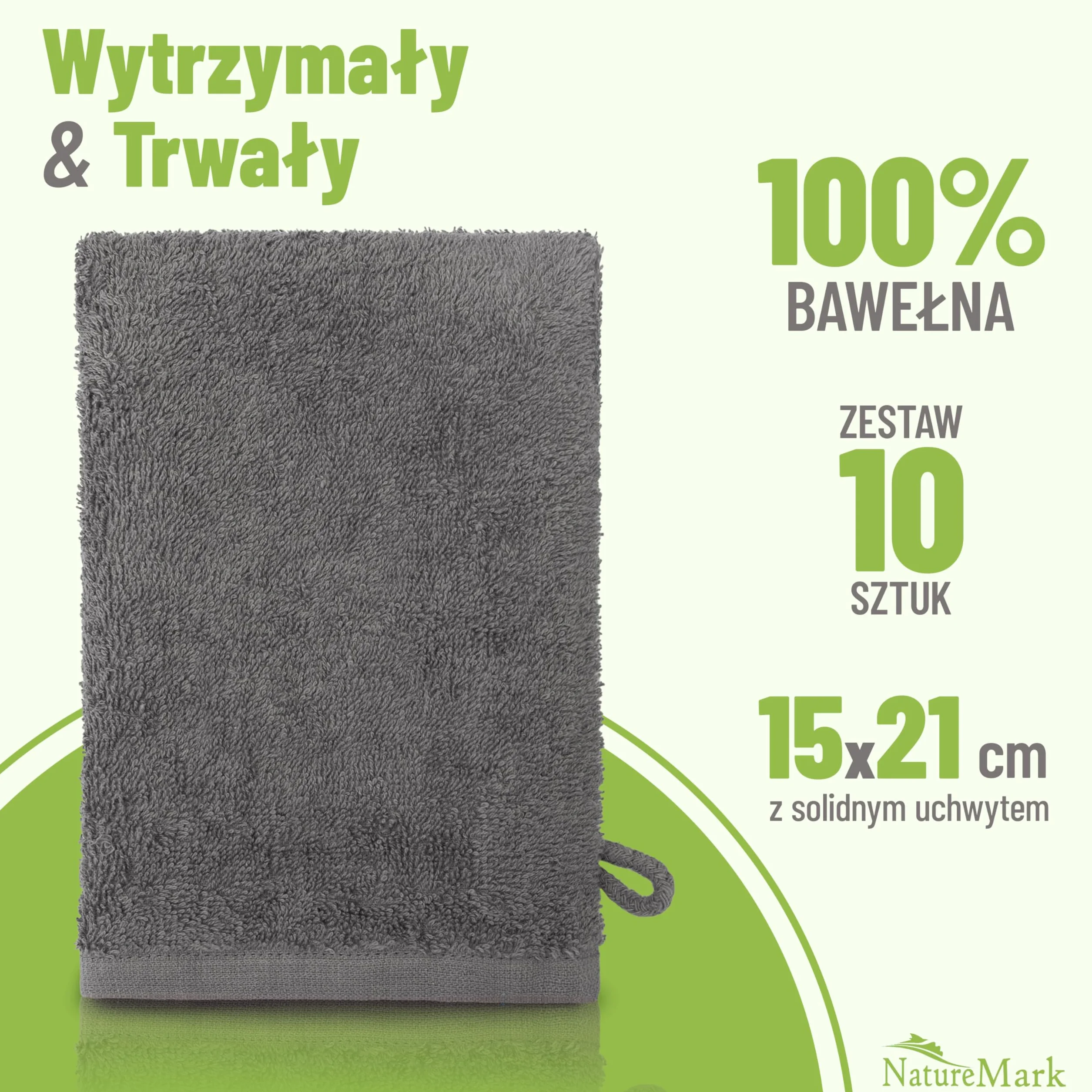 NatureMark Zestaw 10 rękawic kąpielowych z miękkiej frotte 100% bawełna Öko-Tex Antracyt 15x21 cm