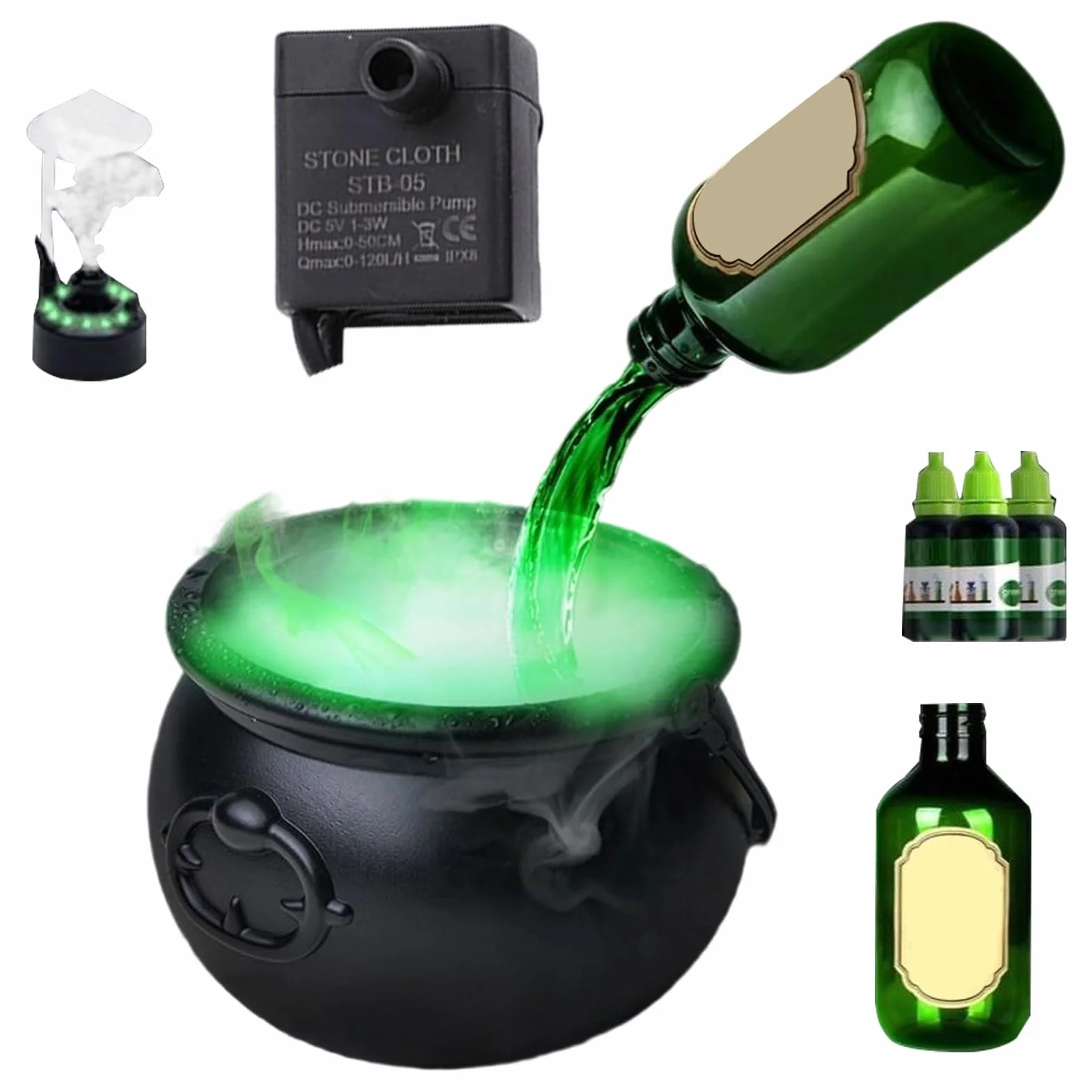 Cauldron Diffuser, Halloween Witch Pot Jar, Bubbling Black Cauldron with Floating Potion Bottles, Spooky Outdoor Decor for Entryway, Yard, Backyard, Holiday, 10.24 Inches