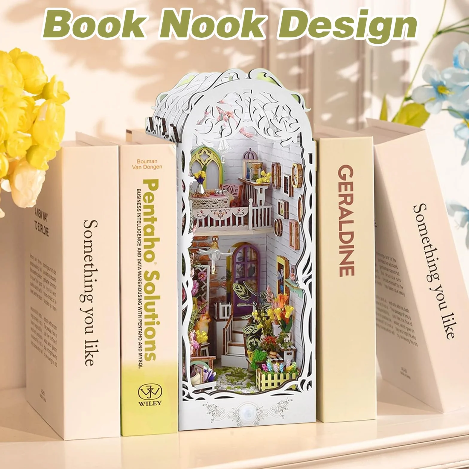 DIY Book Nook Kit: Miniaturowy Domek dla Lalek, Drewniane Puzzle 3D, Podpórka na Książki do Dekoracja Regału, Prezent dla Młodzieży i Dorosłych (z Osłoną Przeciwpyłową i Oświetleniem LED)