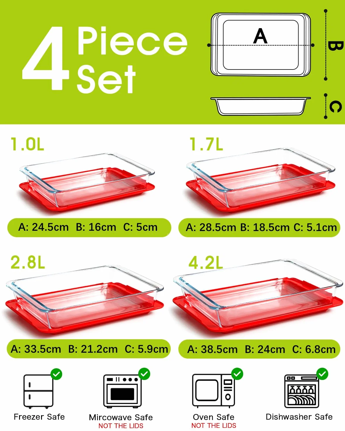 Zestaw 4 szklanych naczyń do pieczenia z pokrywkami, lasagne do piekarnika, prostokątne szklane naczynia do pieczenia (1,0 + 1,7 + 2,8 + 4,2 l)