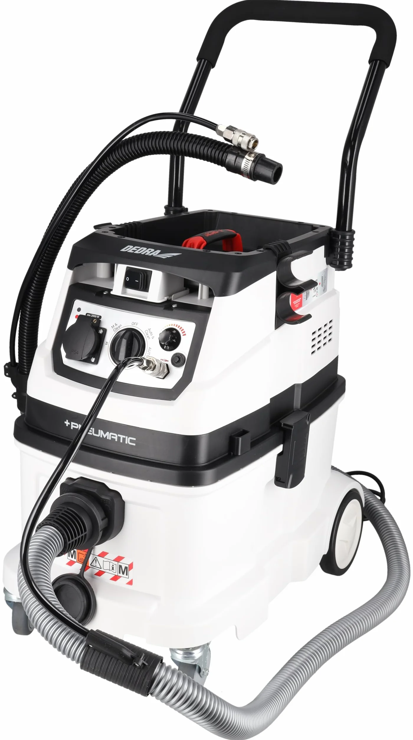 DEDRA DED6609P odkurzacz przemysłowy z automatycznym czyszczeniem filtra i podłączanym systemem sprężonego powietrza, klasa filtra M, waga 17,4 kg, moc ssania 24 kPa, pojemnik 40 l DEDRA DED6609P