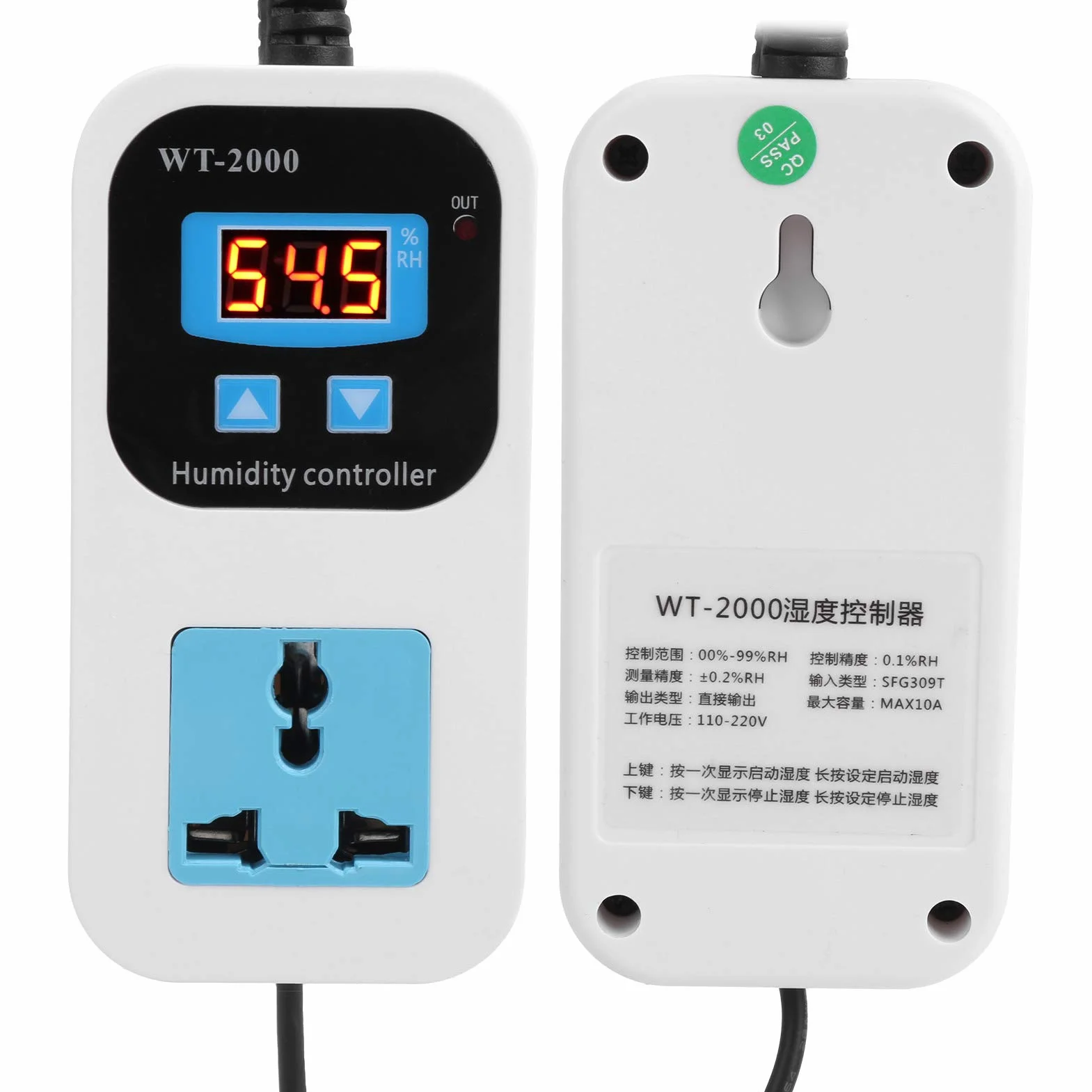 Cyfrowy Regulator Wilgotności Nawilżanie Gniazdo Przełącznika Osuszania Abs Higrostat 0% ~ 99% RH WT‑2000 110-220 V Narzędzia do Kontroli Wilgotności dla Magazynów Szklarnie(EU Plug)