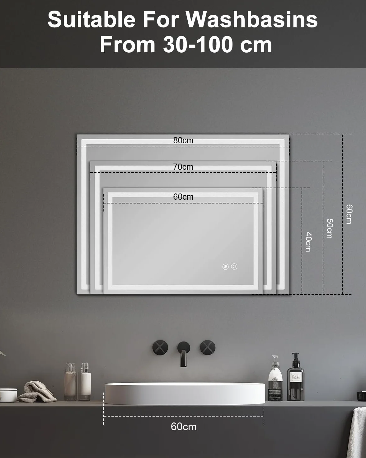 Lustro łazienkowe z oświetleniem LED, 50 x 70 cm, z włącznikiem dotykowym, przeciwmgielne, możliwość ściemniania, 3 temperatury barwowe, funkcja pamięci, wodoszczelne (IP44), lustro łazienkowe