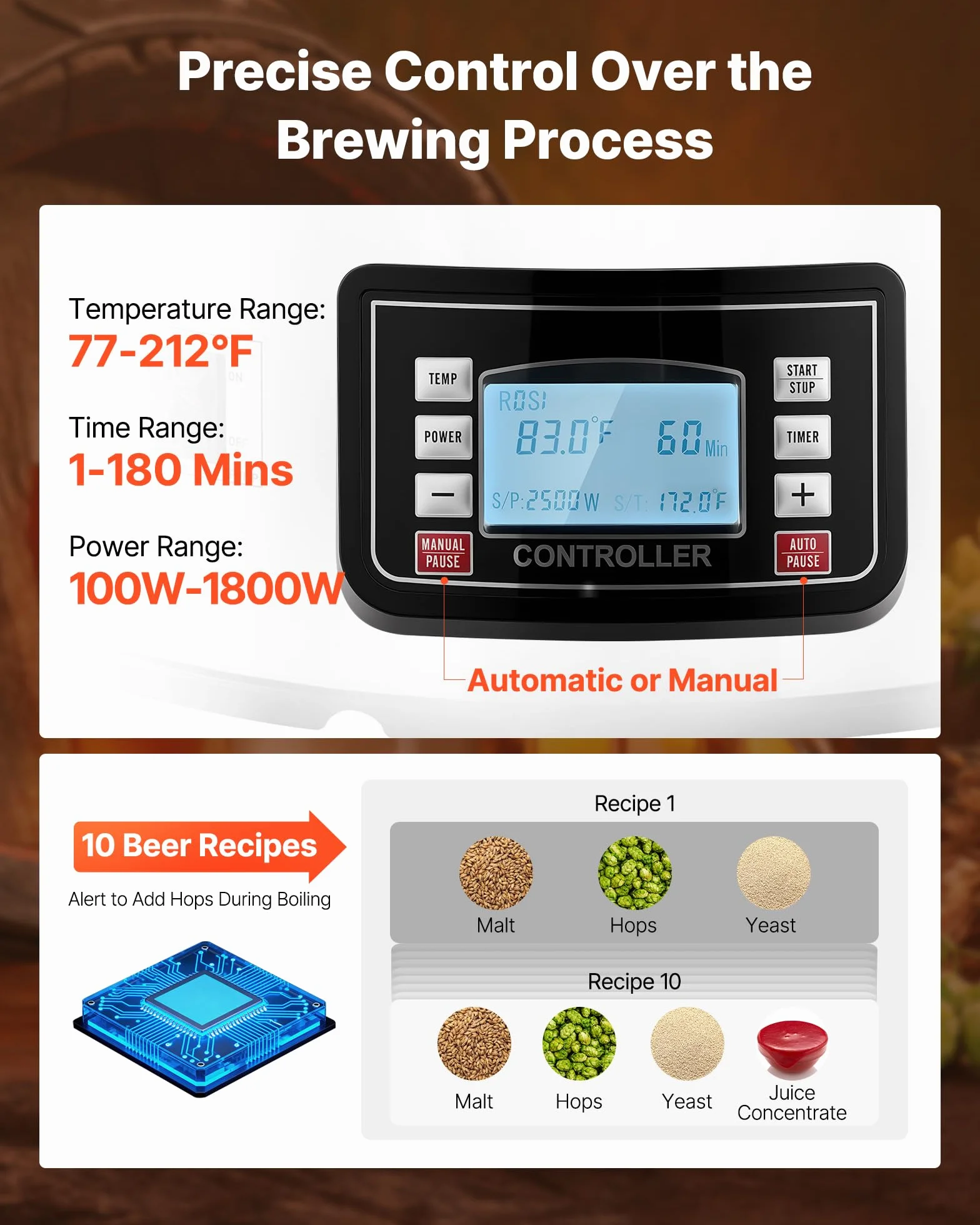 Vevor Electric Brewing System 8 Gal Home Beer Brewer Auto/Manual Garnek do Produkcji Piwa, Srebrny, 35 litrów