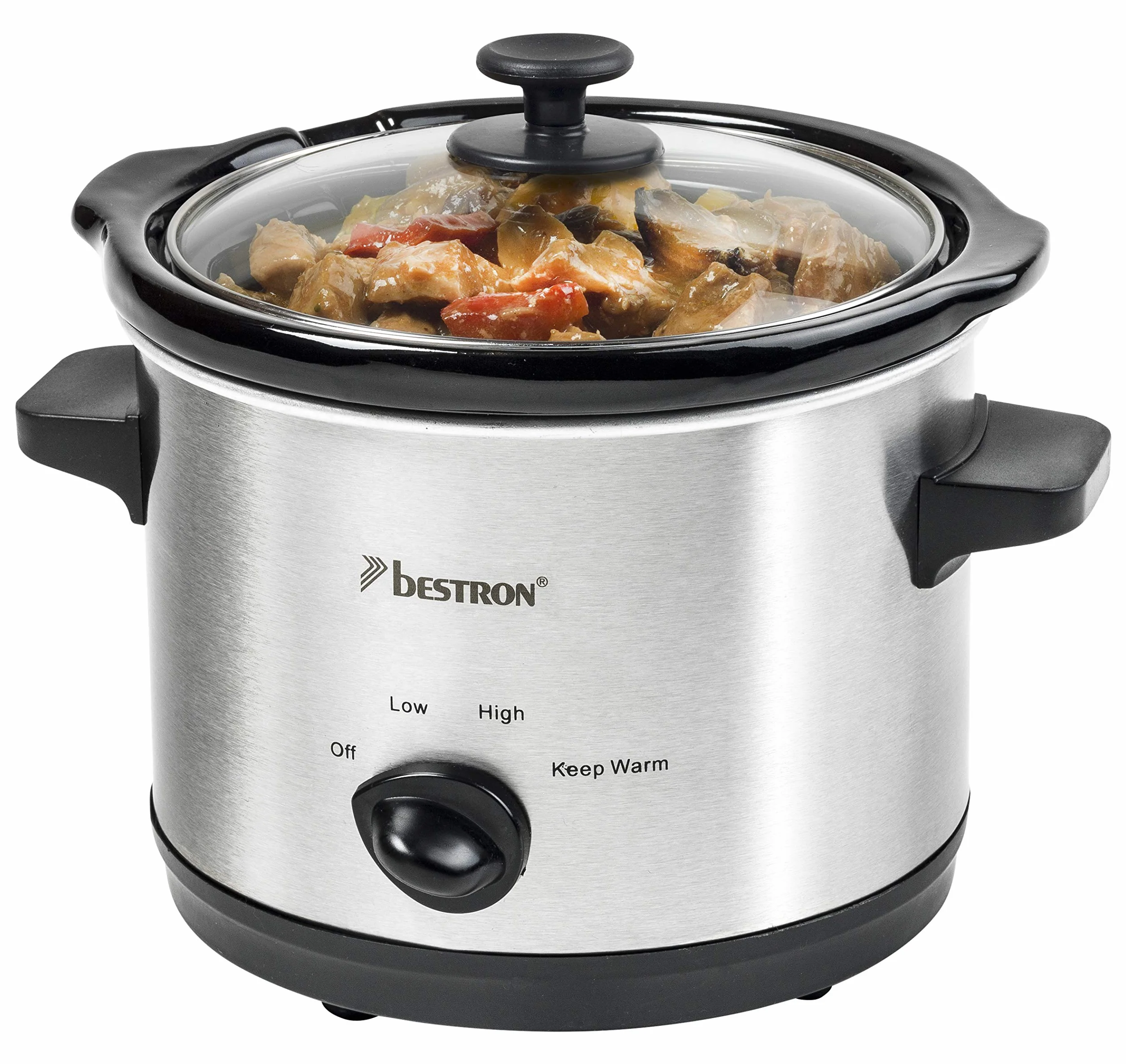 Bestron Slowcooker dla 2 osób, wolnowar z patelnią ceramiczną i szklaną pokrywką, 3-stopniowy termostat, idealny do wielu potraw, takich jak mięso, zupy i warzywa, 1,5 litra, kolor: srebrny