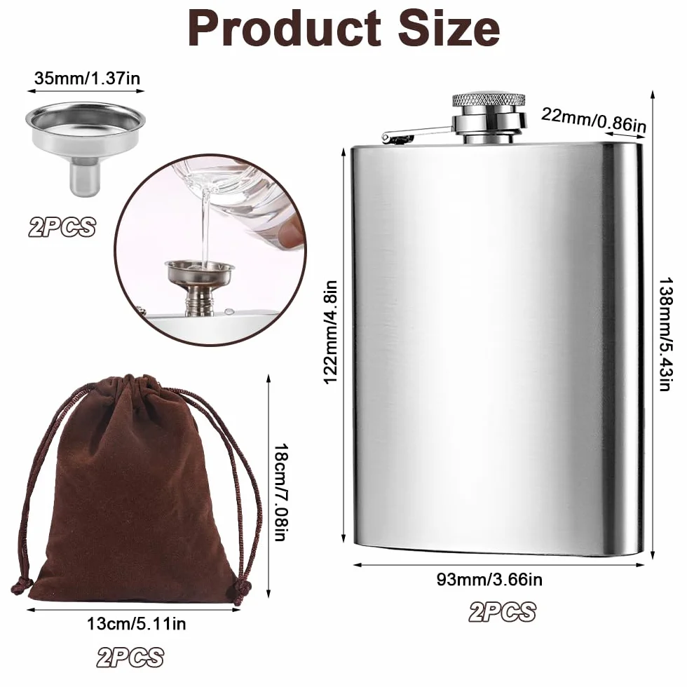 Piersiówka ze stali nierdzewnej, 2 sztuki, 227 ml, piersiówka mała, z 2 lejkami ze stali nierdzewnej, szczelna, nierdzewna, Hip Flask, 2 sztuki
