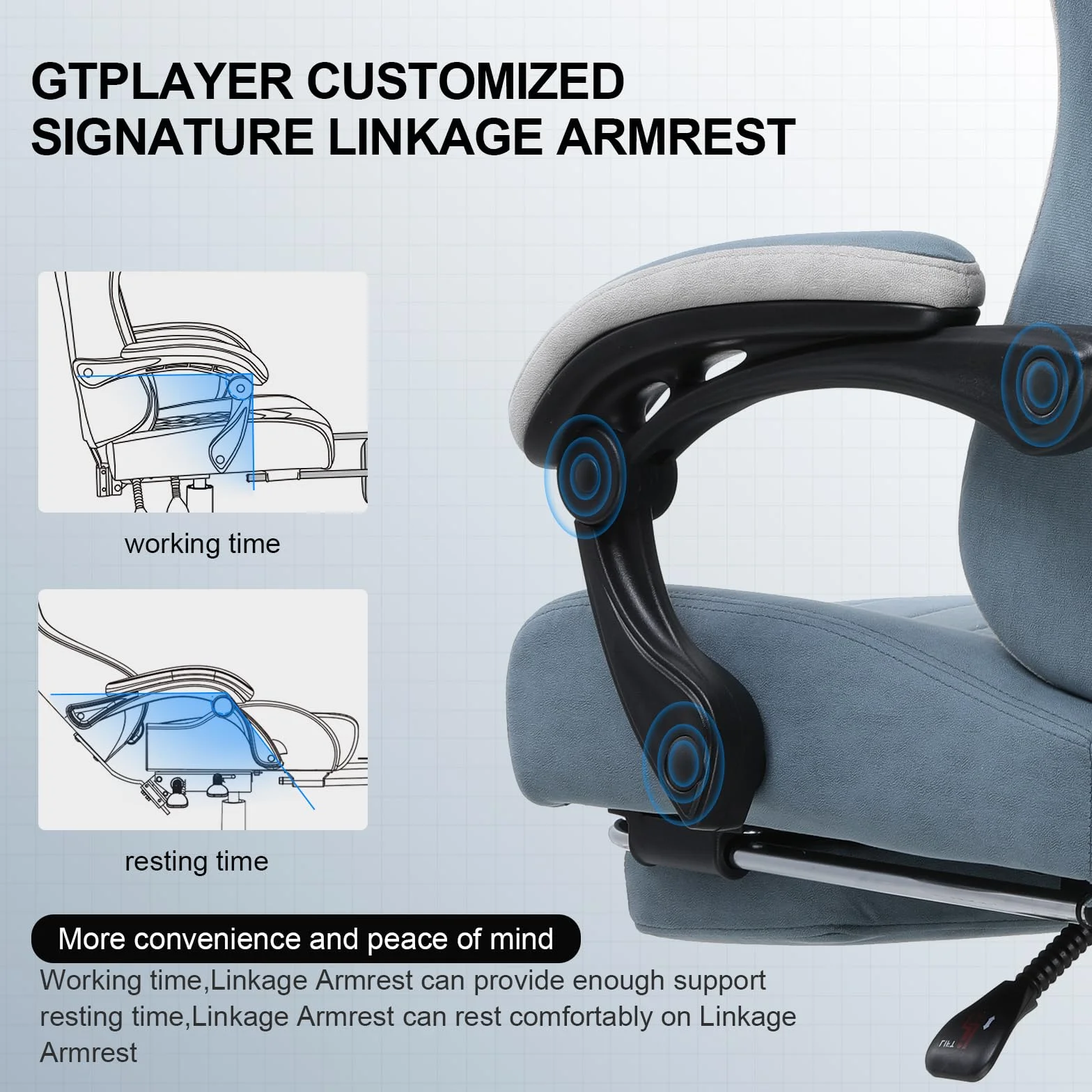 GTPLAYER Ergonomiczne krzesło do gier biurowych Fotel gamingowy, odchylany podłokietnik, z podnóżkiem Tkanina technologiczna Jasnoniebieski