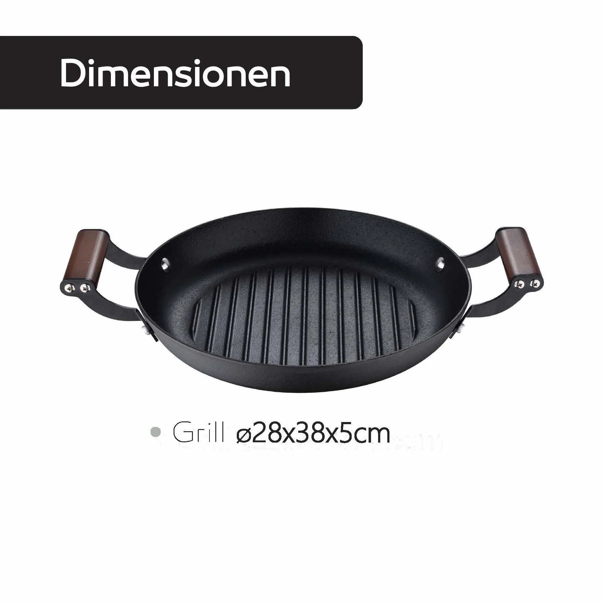 Masterpro Odin 28 cm okrągły grill, nieprzywierający, ergonomiczne uchwyty z drewna akacjowego, idealny do gotowania na grillu, kompatybilny z indukcją i piekarnikiem, bez toksycznych produktów