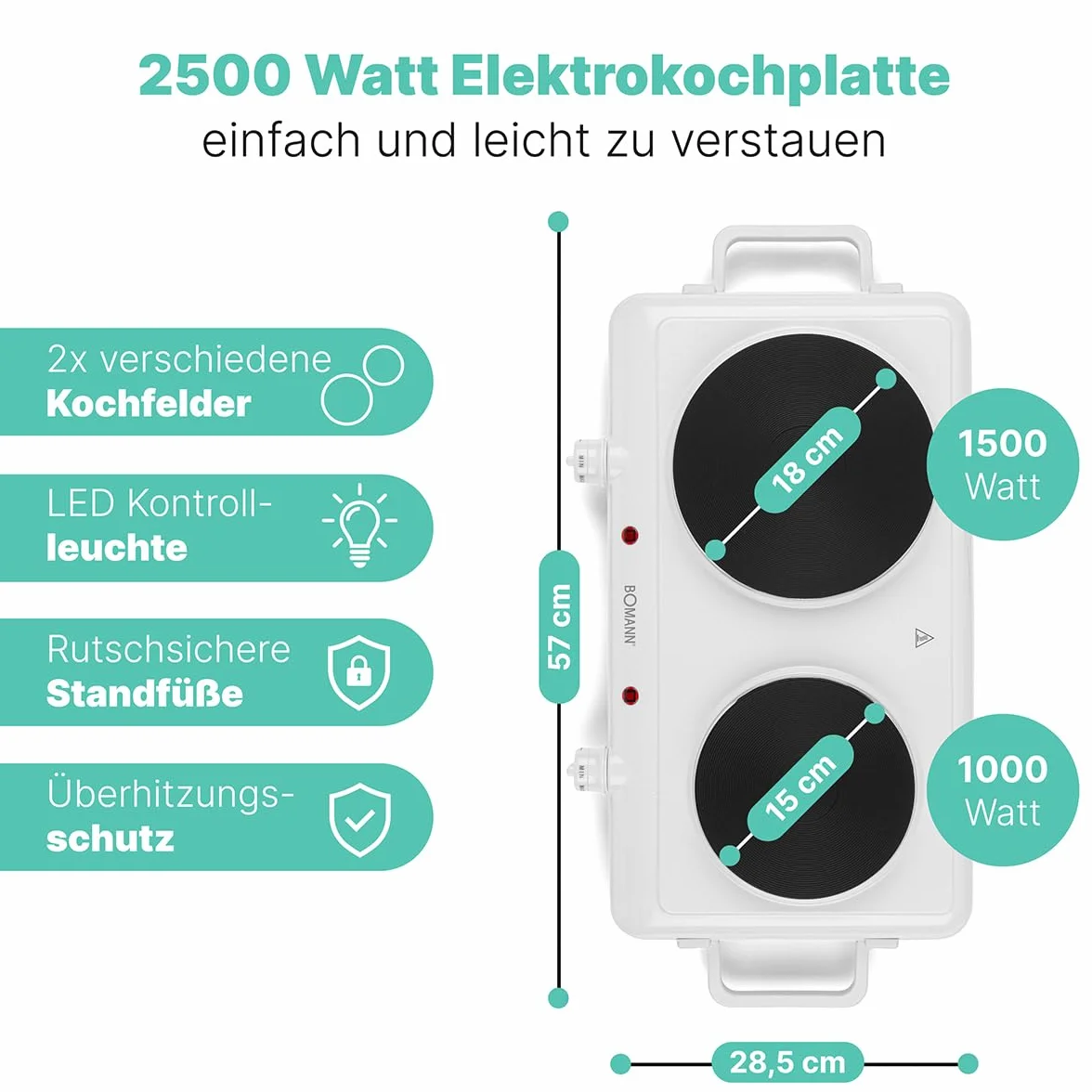 Bomann® Podwójna płyta grzewcza | Wydajna płyta grzewcza z bezstopniowo regulowanymi termostatami | 2 płyty grzewcze | uchwyty Cool-Touch | podwójna płyta grzewcza o mocy 1500 W/1000 W | DKP 5028 CB