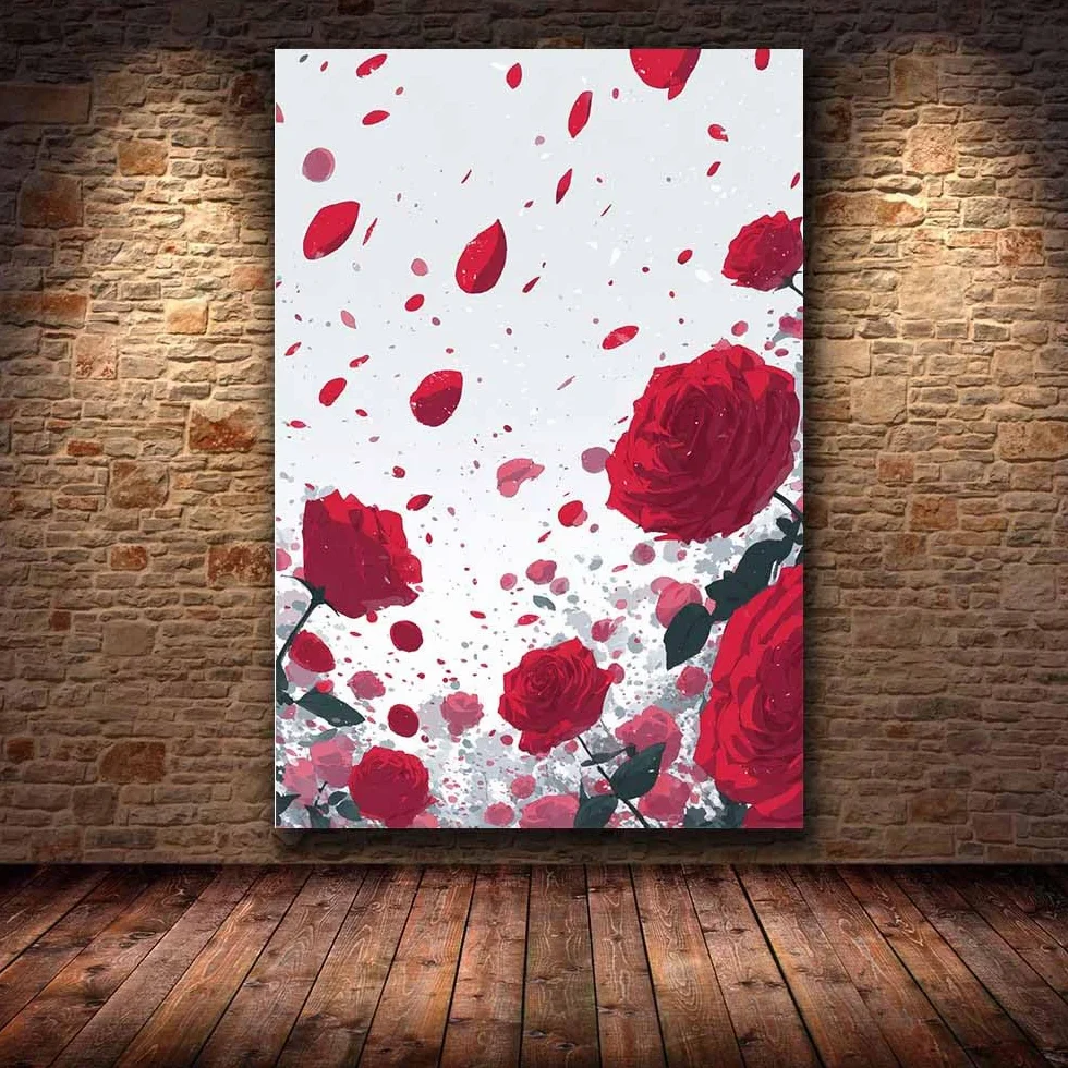 CUDAOO Prosta sztuka botaniczna wydruki na płótnie czerwone płatki róży do sypialni dom salon łazienka (kolor czerwonego drewna)-70x100 cm oprawiony